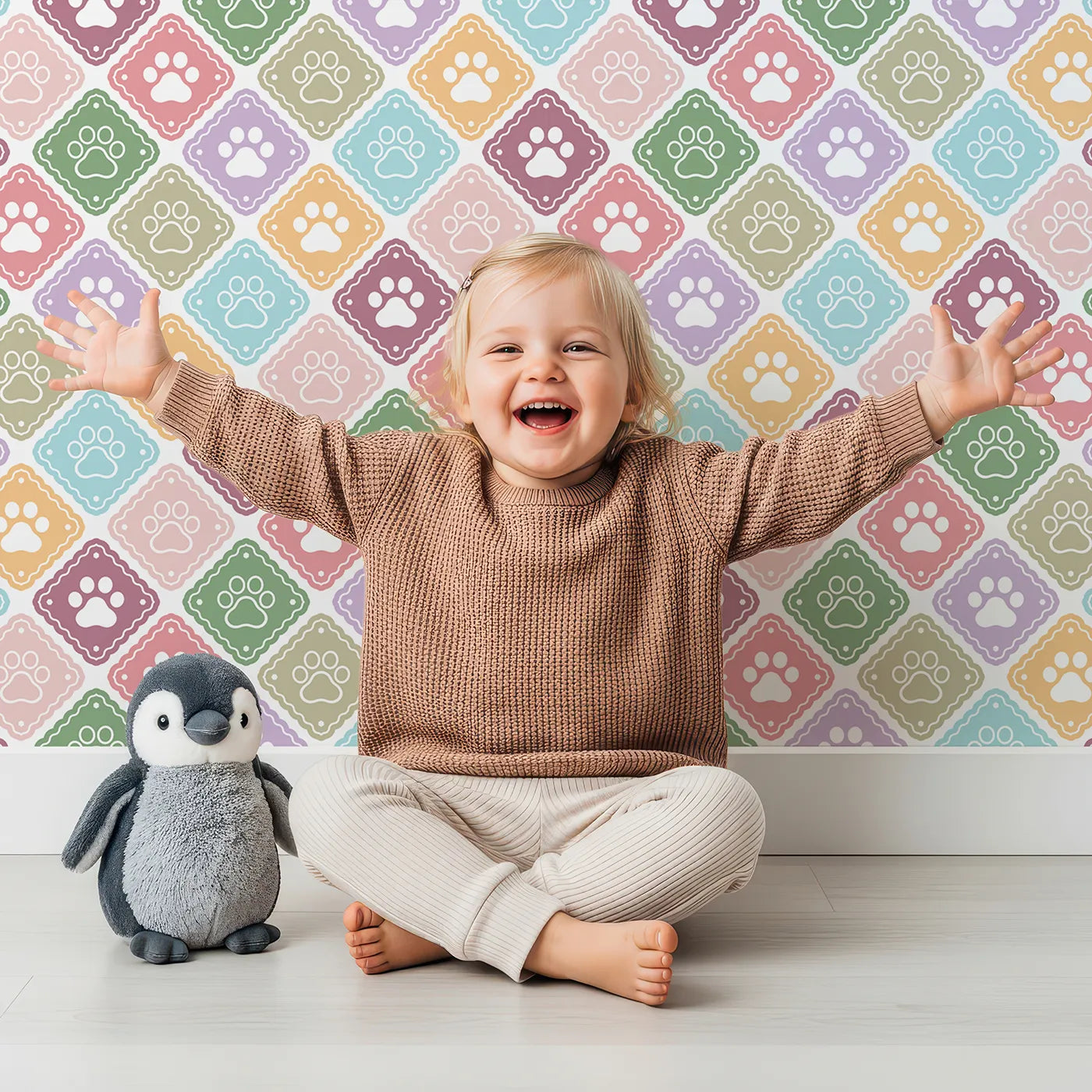 Lovely child standing in front of Whimsy Tots Rainbow Paw Print Tiles Wallpaper with paw print, rainbow, tile, geometric, colorful in design.