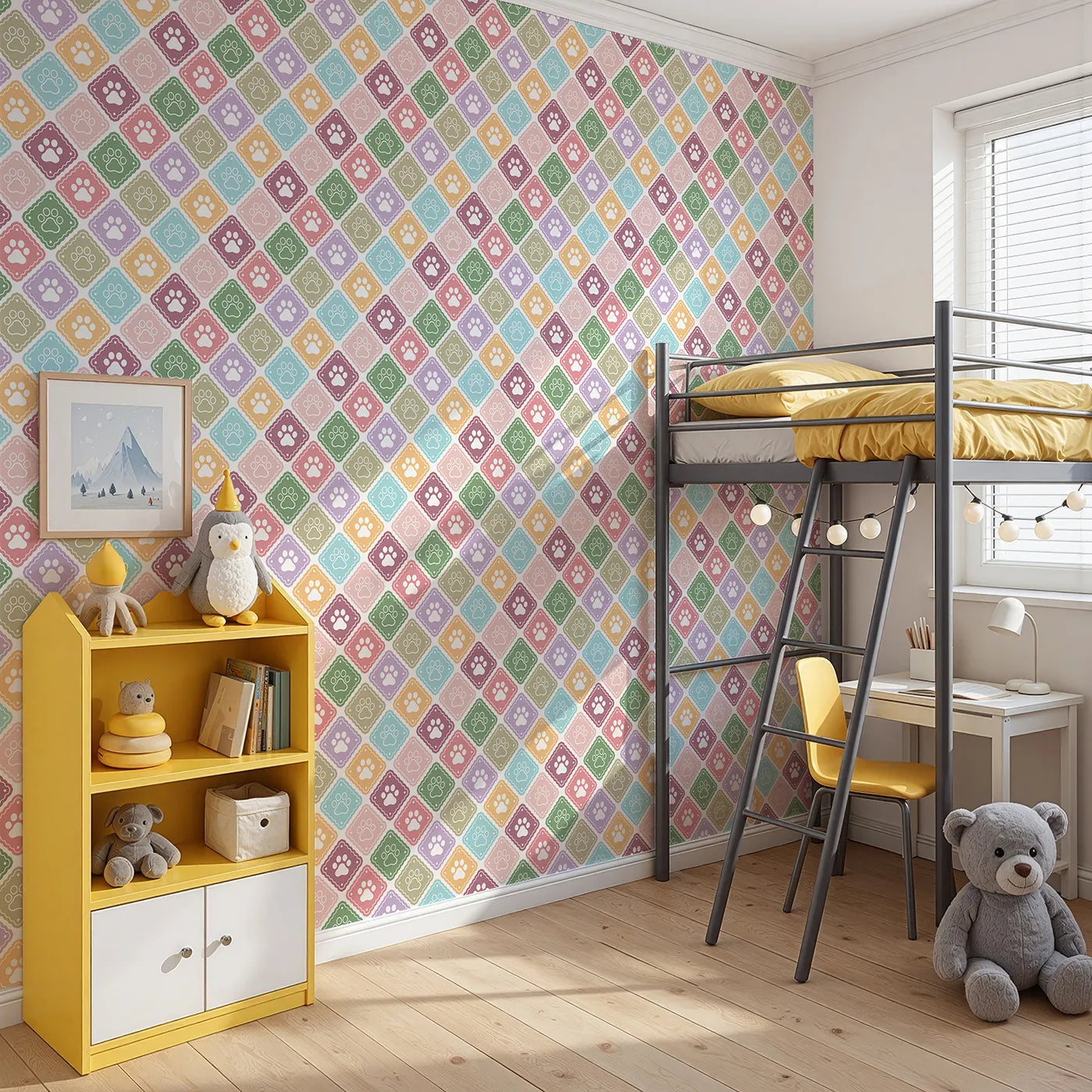 Angled view of Whimsy Tots' Rainbow Paw Print Tiles Wallpaper (W2306).Where a rainbow of paw prints creates a mosaic of love.