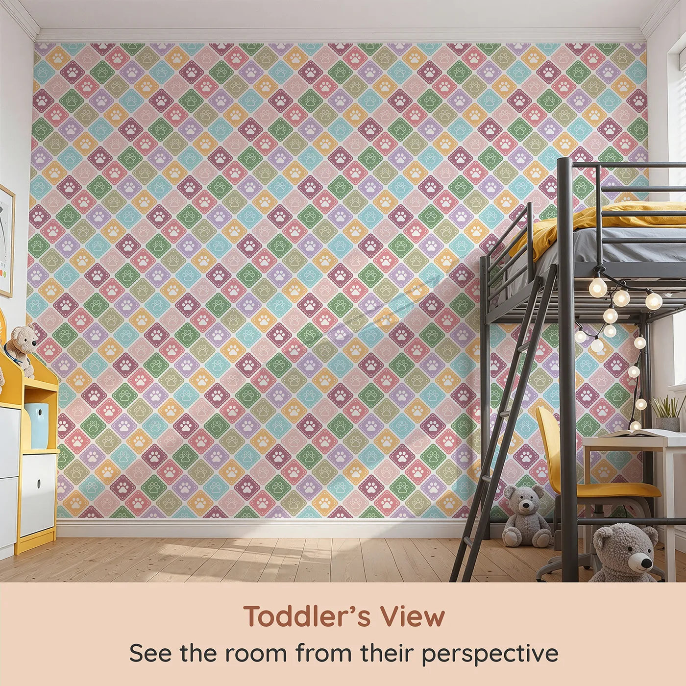 Whimsy Tots Rainbow Paw Print Tiles Wallpaper (W2306) from your child's view.Where a rainbow of paw prints creates a mosaic of love.