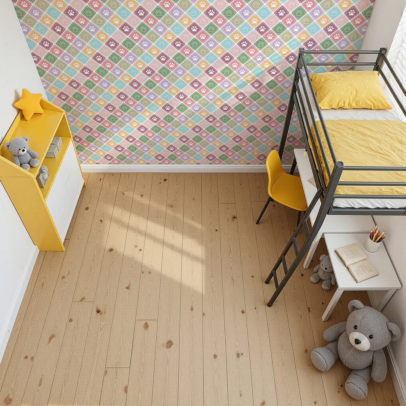 Top-Down view of Whimsy Tots' Rainbow Paw Print Tiles Wallpaper (W2306).Where a rainbow of paw prints creates a mosaic of love.