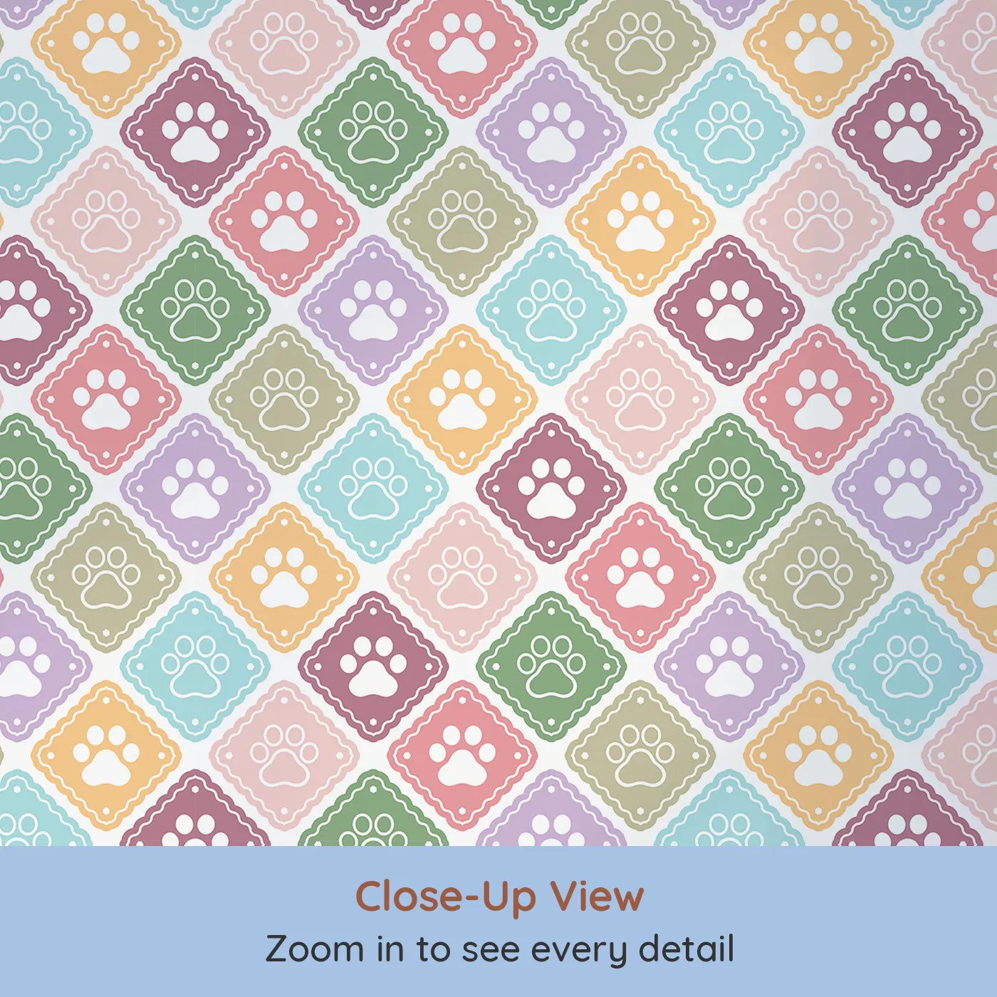 Close-up view of Whimsy Tots' Rainbow Paw Print Tiles Wallpaper (W2306).Where a rainbow of paw prints creates a mosaic of love.