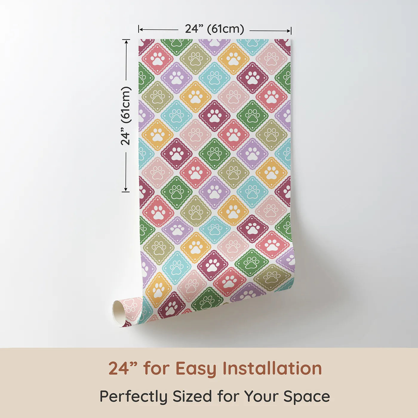 Dimension view of Whimsy Tots Rainbow Paw Print Tiles Wallpaper (W2306). Printed in 24-inch-wide panel for easy installation. Where a rainbow of paw prints creates a mosaic of love.