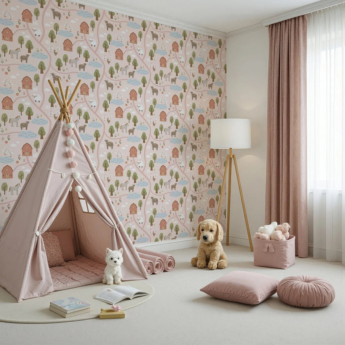 Angled view of Whimsy Tots' Country Farm Map Wallpaper in Pink (W2307).Where winding roads connect the happiest little farm.