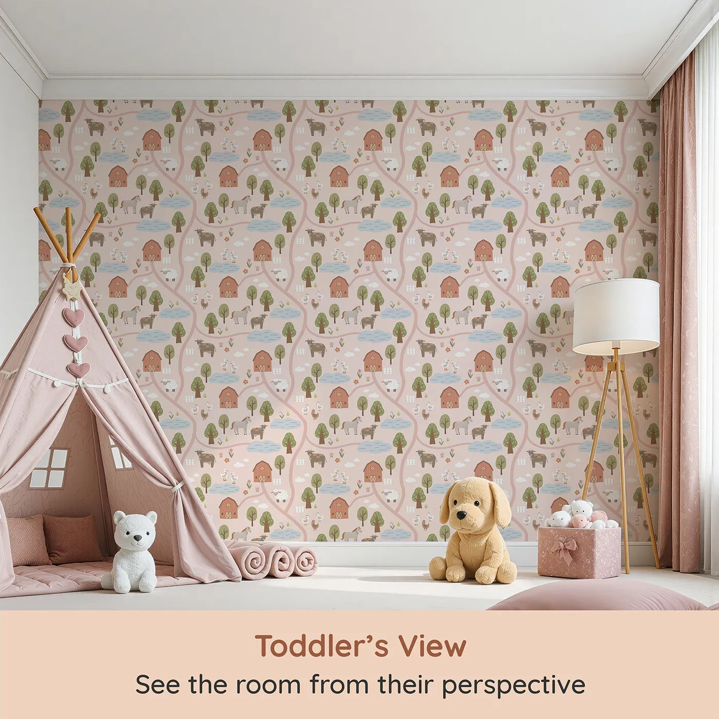 Whimsy Tots Country Farm Map Wallpaper in Pink (W2307) from your child's view.Where winding roads connect the happiest little farm.