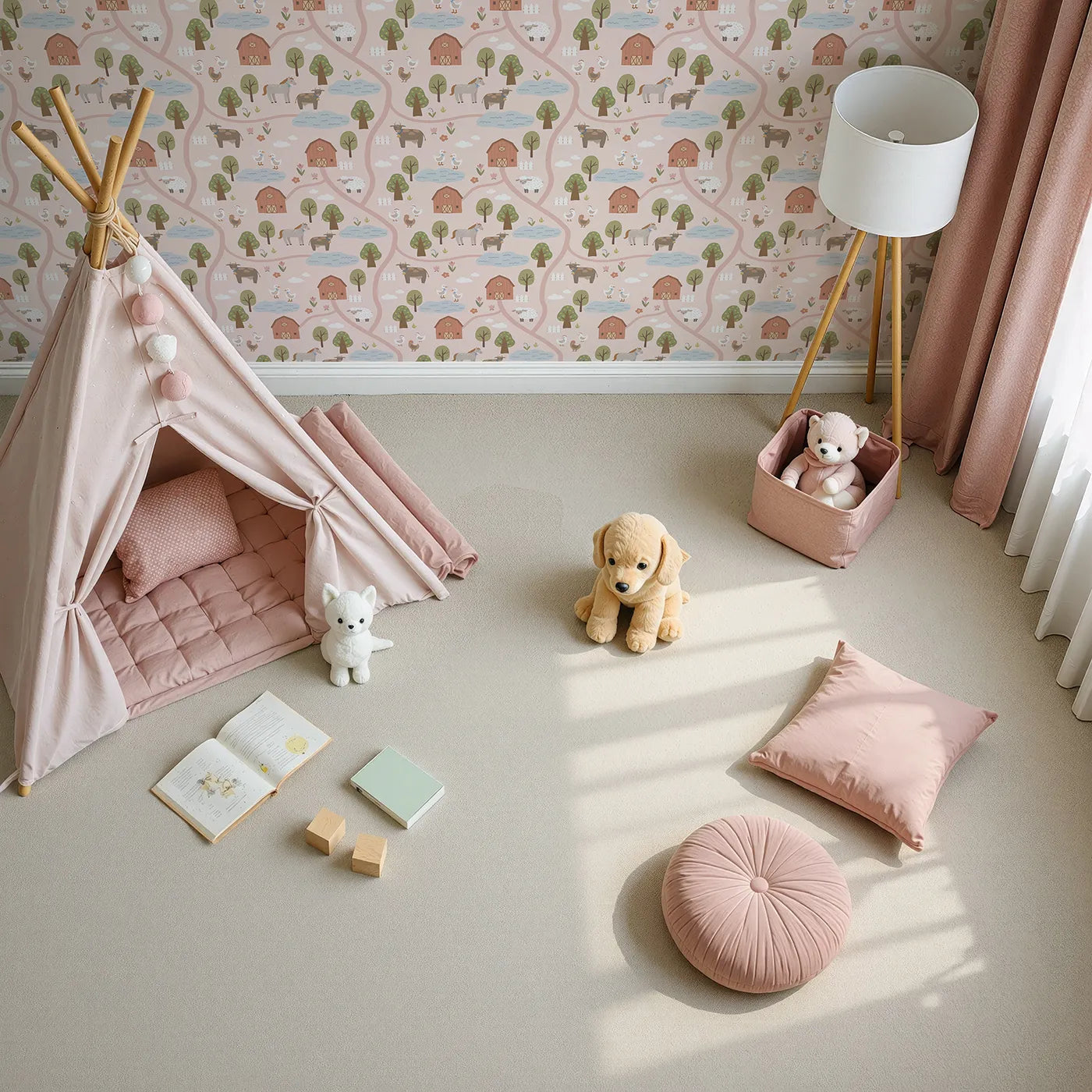 Top-Down view of Whimsy Tots' Country Farm Map Wallpaper in Pink (W2307).Where winding roads connect the happiest little farm.