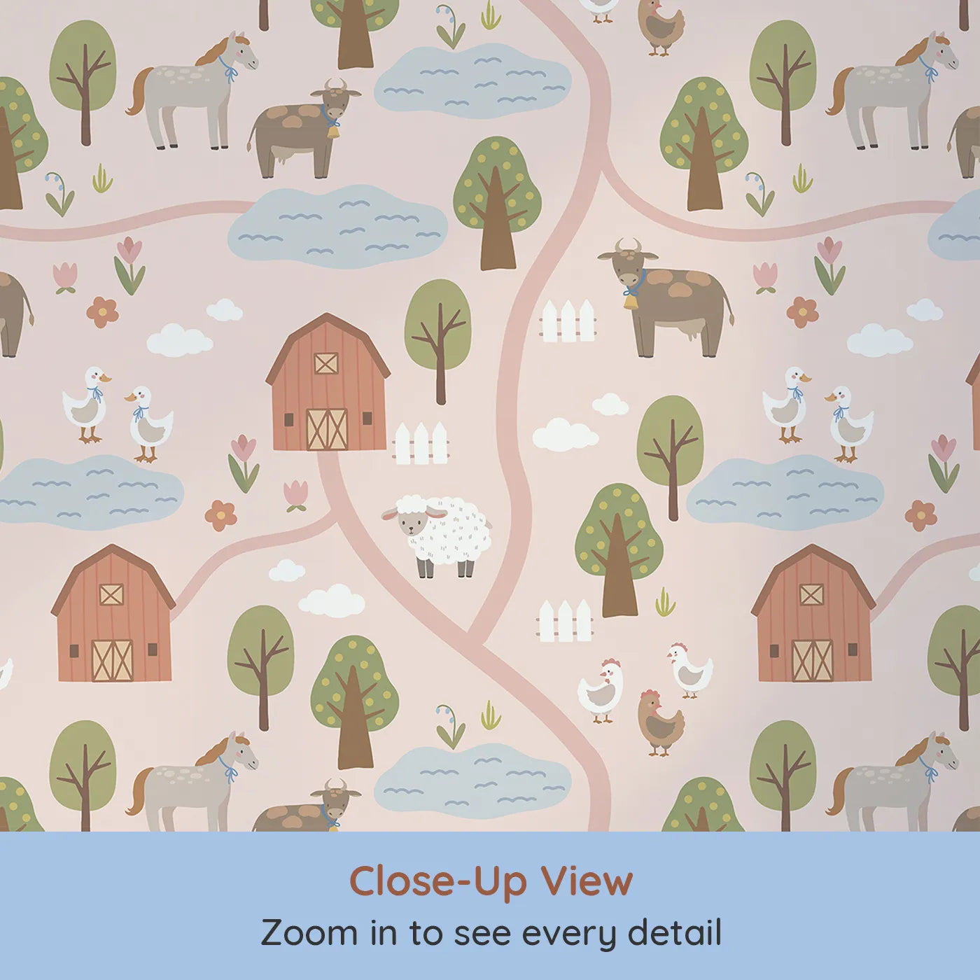 Close-up view of Whimsy Tots' Country Farm Map Wallpaper in Pink (W2307).Where winding roads connect the happiest little farm.