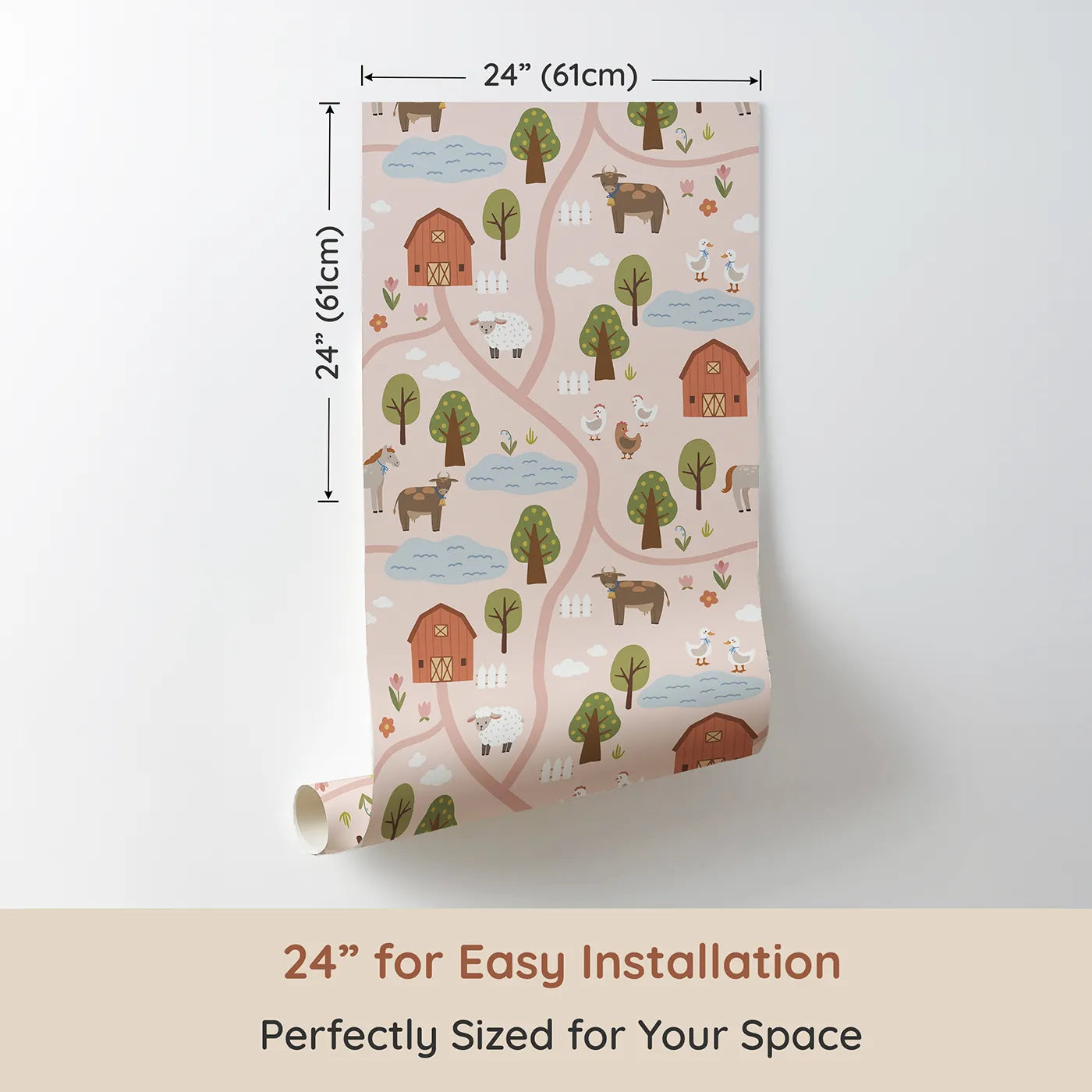 Dimension view of Whimsy Tots Country Farm Map Wallpaper in Pink (W2307). Printed in 24-inch-wide panel for easy installation. Where winding roads connect the happiest little farm.