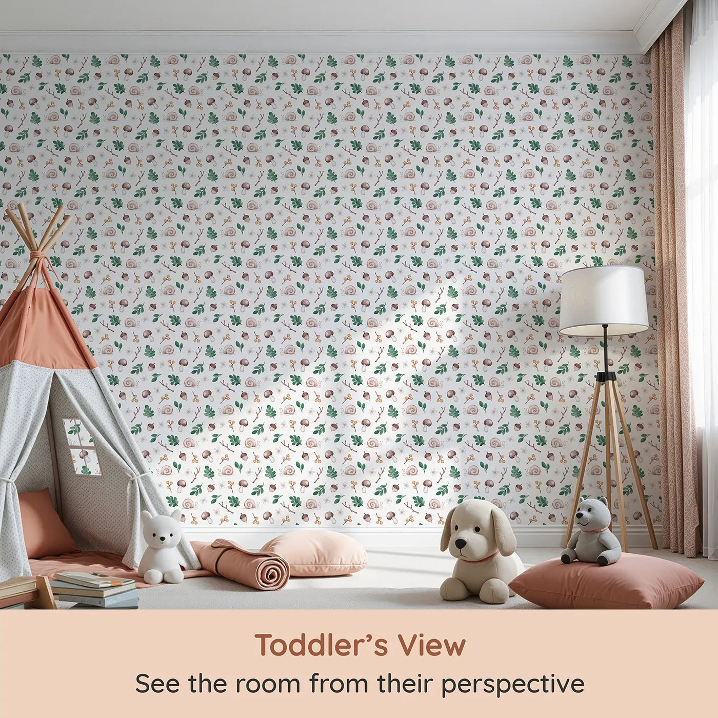 Whimsy Tots Watercolor Woodland Treasures Wallpaper (W2308) from your child's view.Where snails, mushrooms, and acorns are painted with a delicate touch.