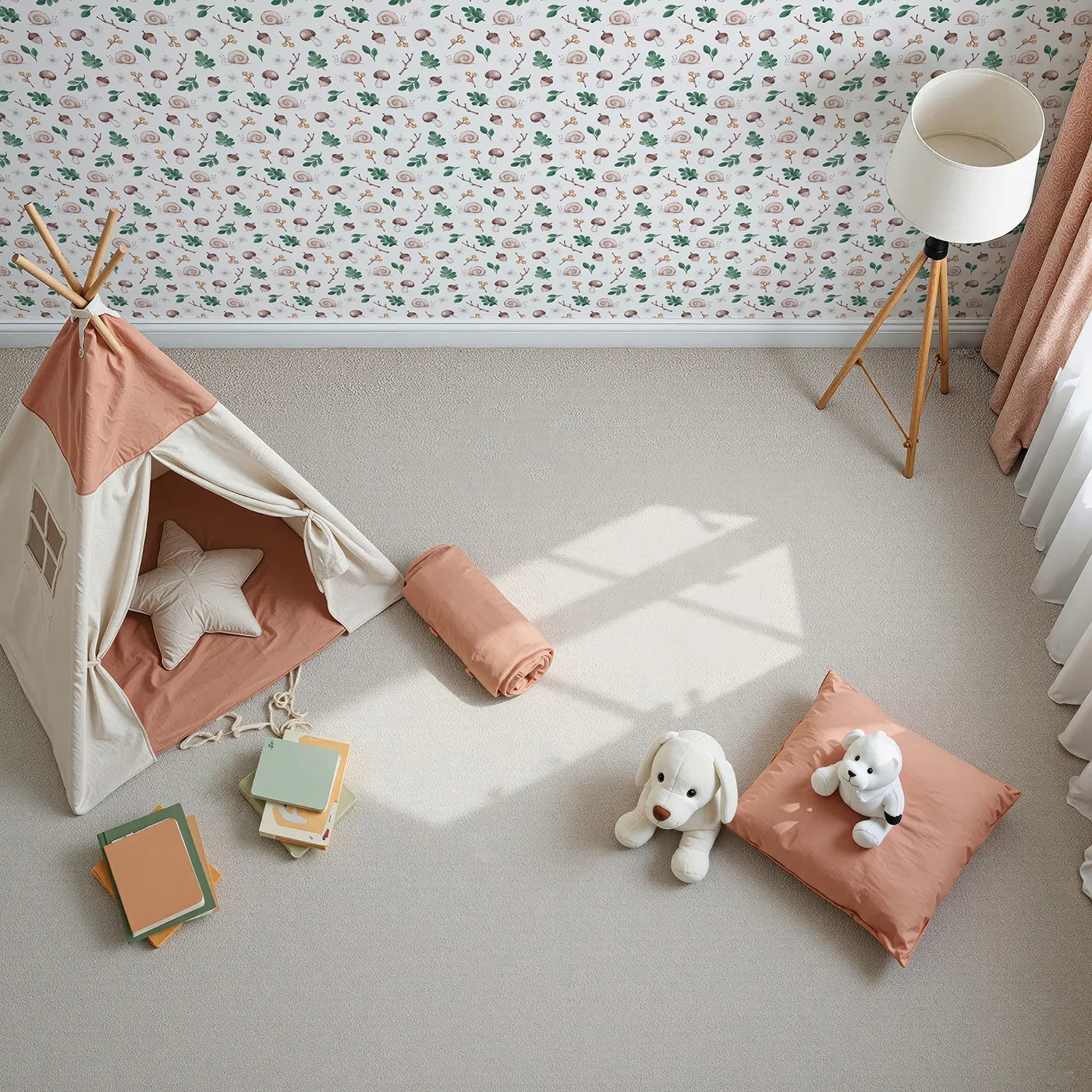 Top-Down view of Whimsy Tots' Watercolor Woodland Treasures Wallpaper (W2308).Where snails, mushrooms, and acorns are painted with a delicate touch.