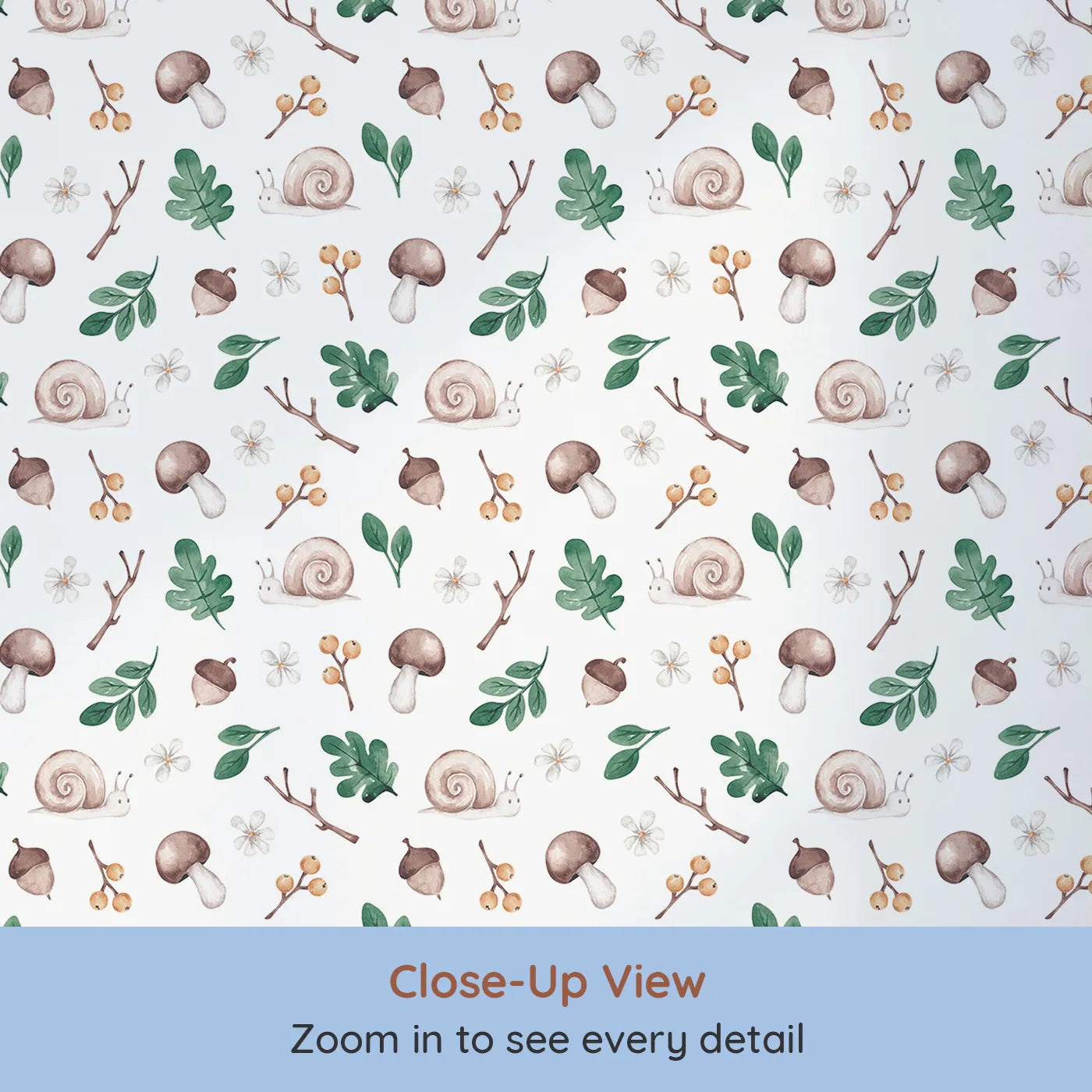 Close-up view of Whimsy Tots' Watercolor Woodland Treasures Wallpaper (W2308).Where snails, mushrooms, and acorns are painted with a delicate touch.