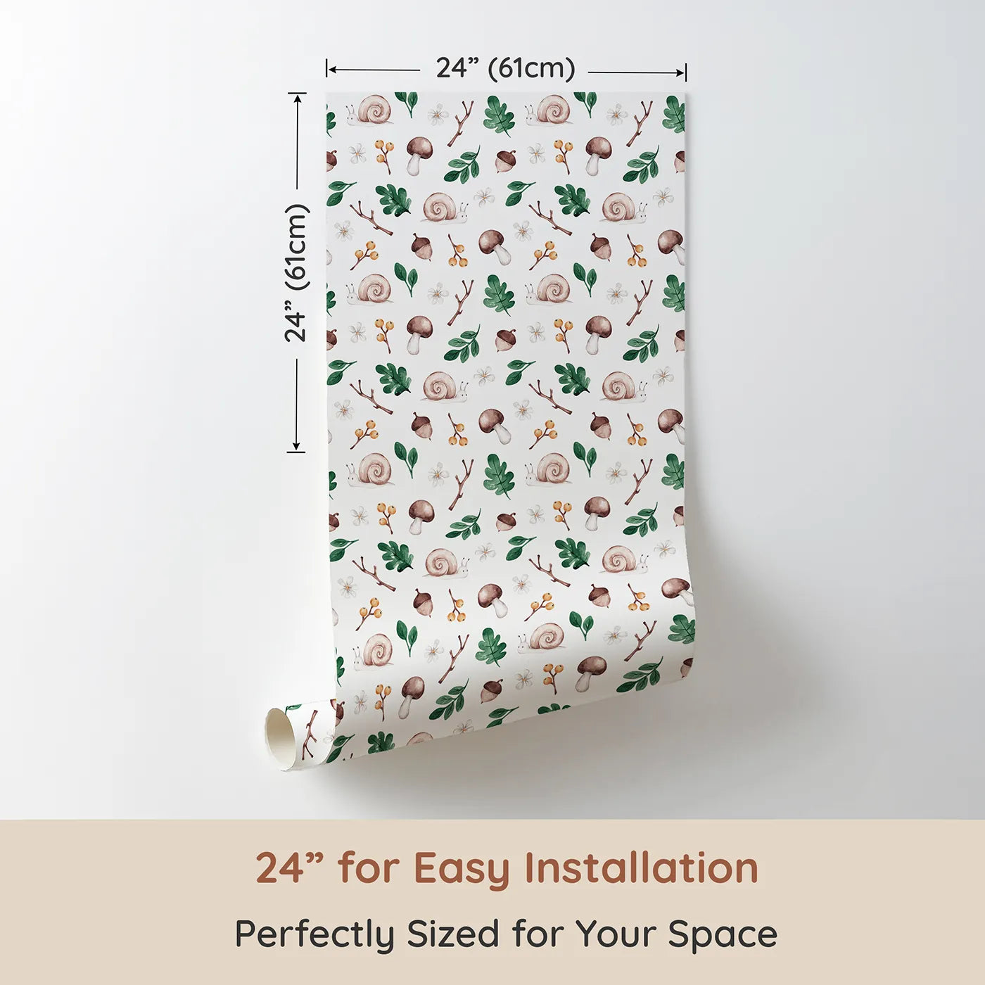 Dimension view of Whimsy Tots Watercolor Woodland Treasures Wallpaper (W2308). Printed in 24-inch-wide panel for easy installation. Where snails, mushrooms, and acorns are painted with a delicate touch.