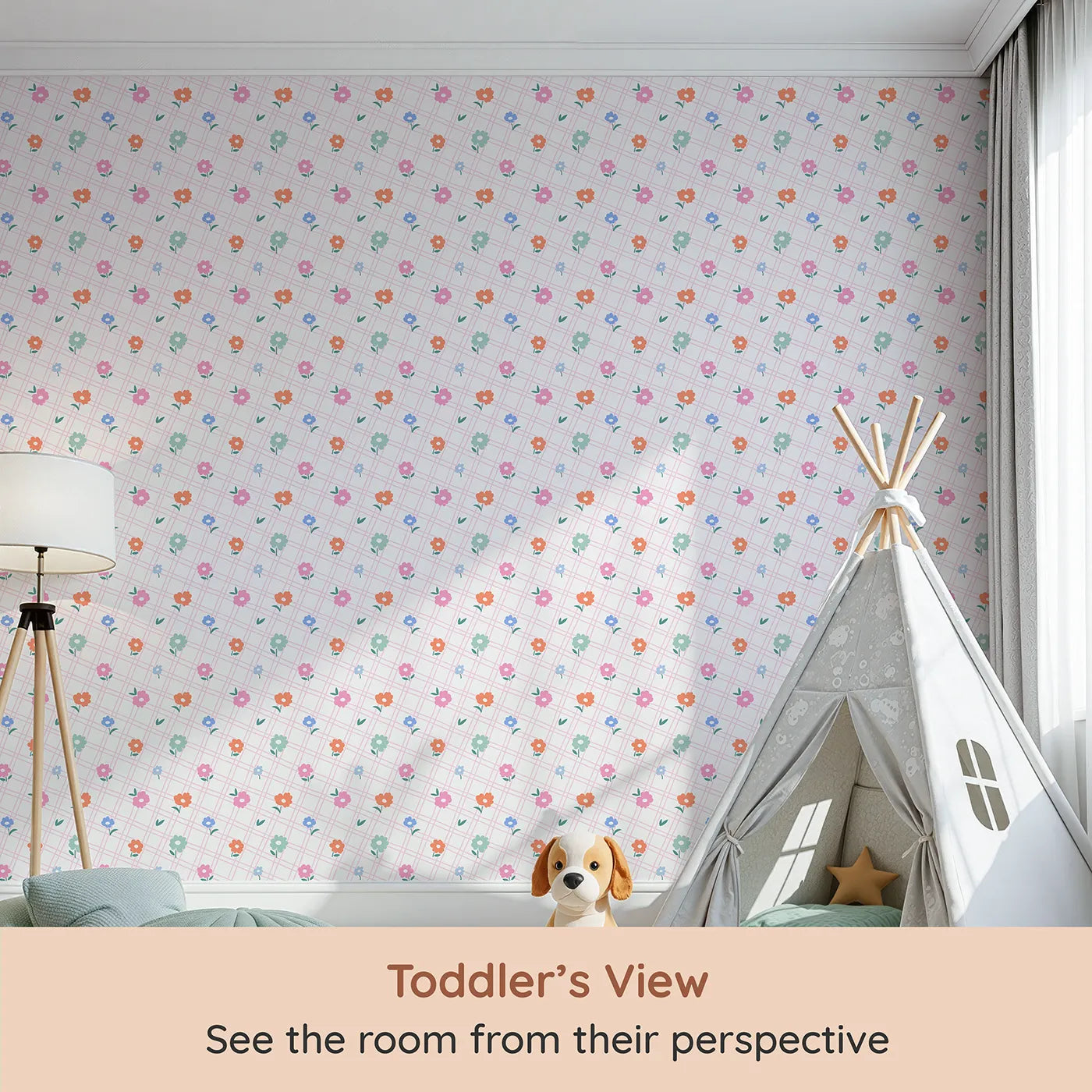 Whimsy Tots Plaid Garden Flowers Wallpaper (W2309) from your child's view.Where colorful flowers bloom on a cheerful plaid background.