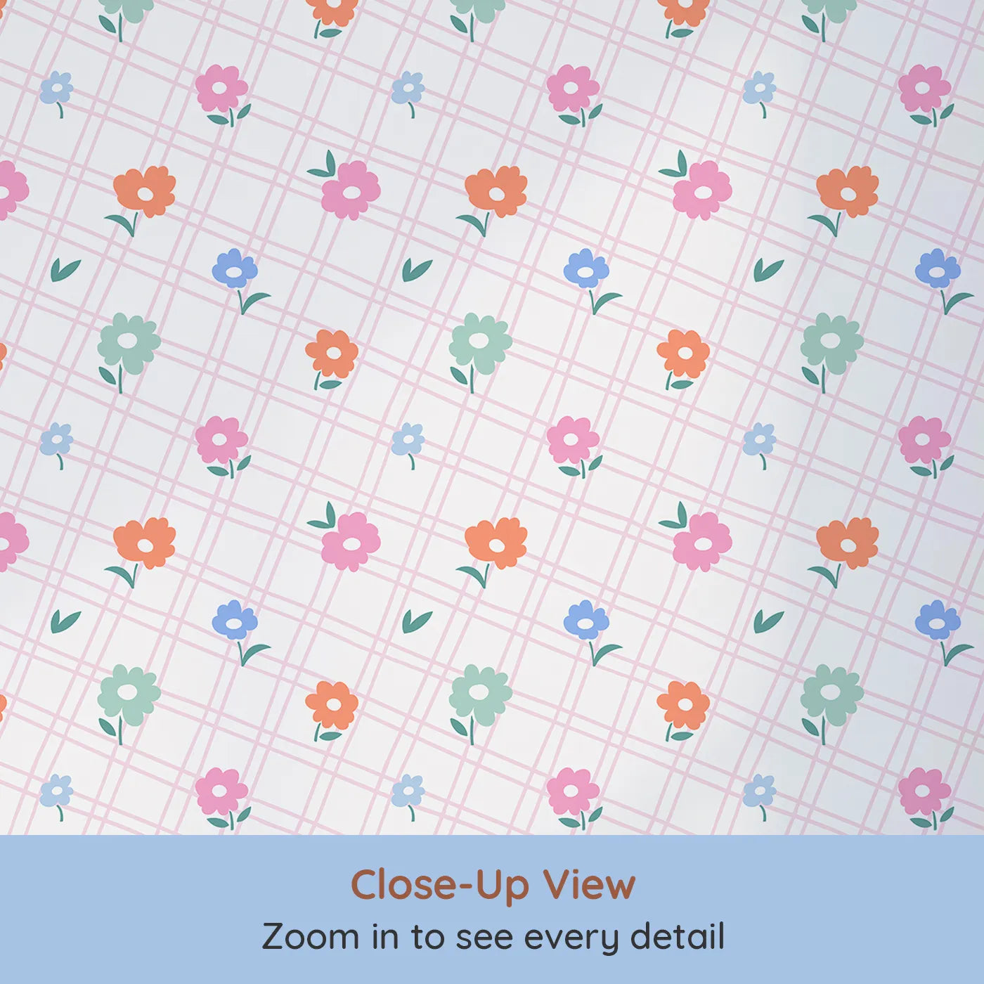 Close-up view of Whimsy Tots' Plaid Garden Flowers Wallpaper (W2309).Where colorful flowers bloom on a cheerful plaid background.