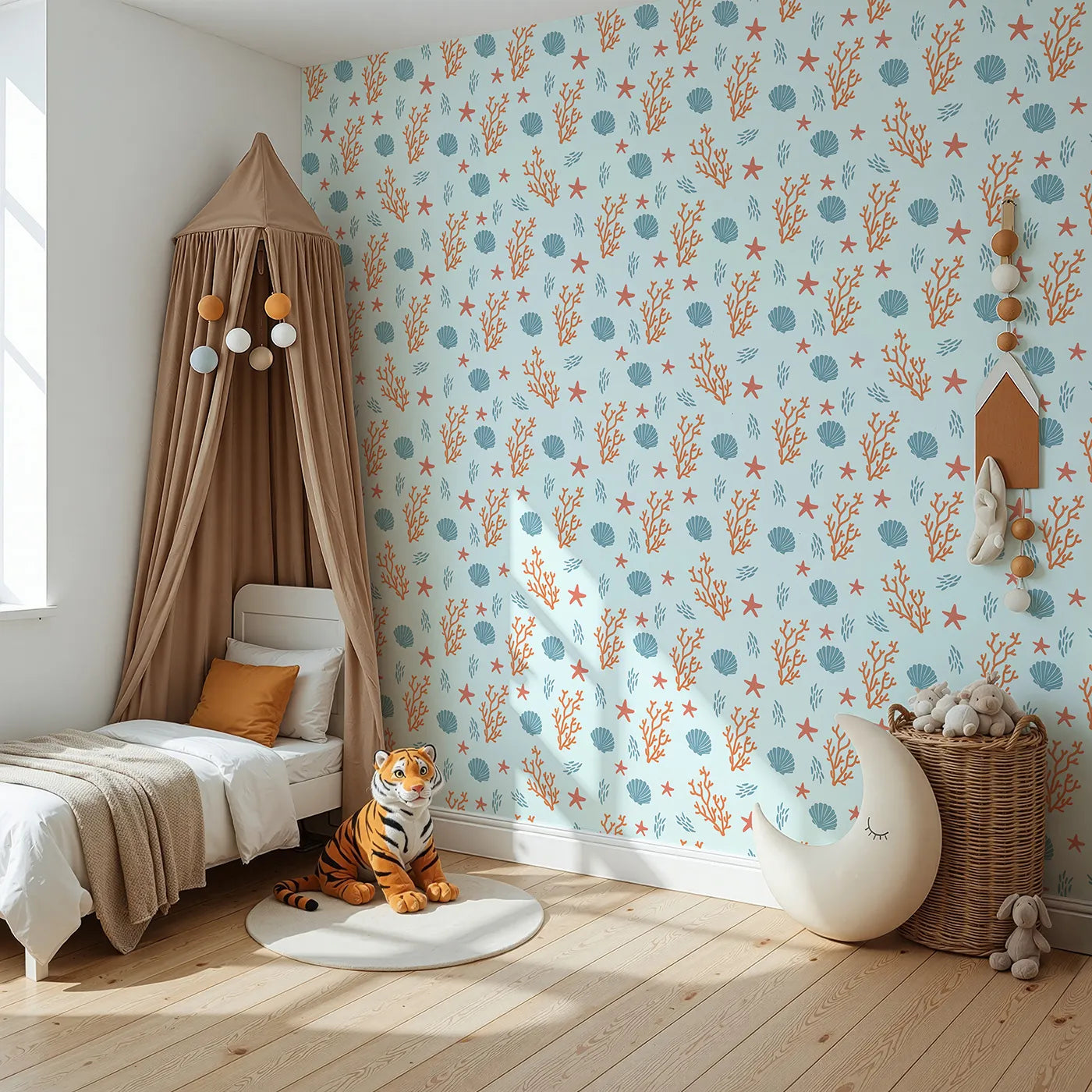 Angled view of Whimsy Tots' Coastal Coral Garden Wallpaper (W2310).Where colorful coral and seashells are scattered by the tide.