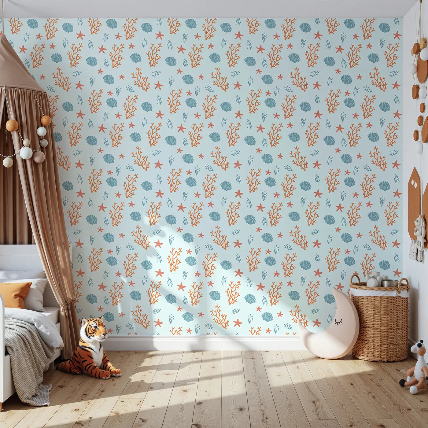 Front view of Whimsy Tots' Coastal Coral Garden Wallpaper