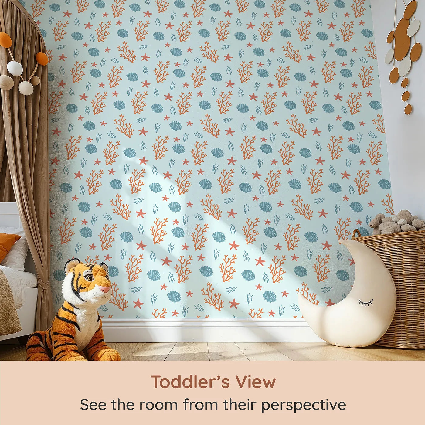 Whimsy Tots Coastal Coral Garden Wallpaper (W2310) from your child's view.Where colorful coral and seashells are scattered by the tide.