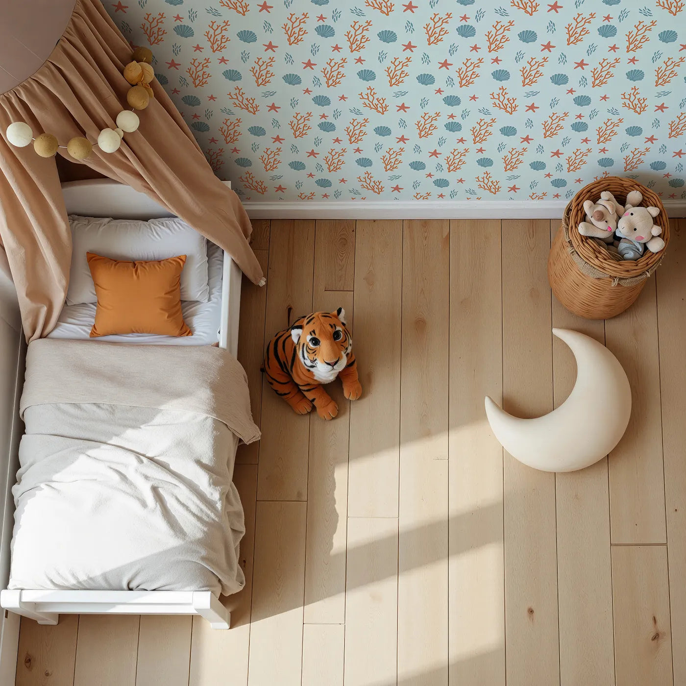 Top-Down view of Whimsy Tots' Coastal Coral Garden Wallpaper (W2310).Where colorful coral and seashells are scattered by the tide.