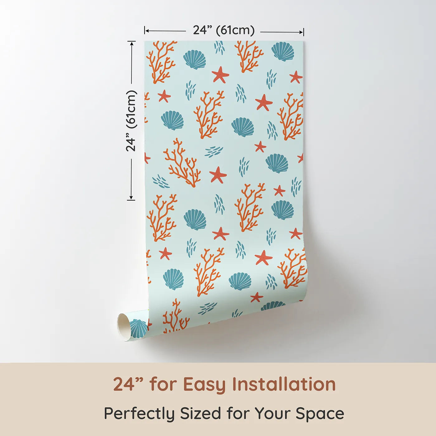 Dimension view of Whimsy Tots Coastal Coral Garden Wallpaper (W2310). Printed in 24-inch-wide panel for easy installation. Where colorful coral and seashells are scattered by the tide.