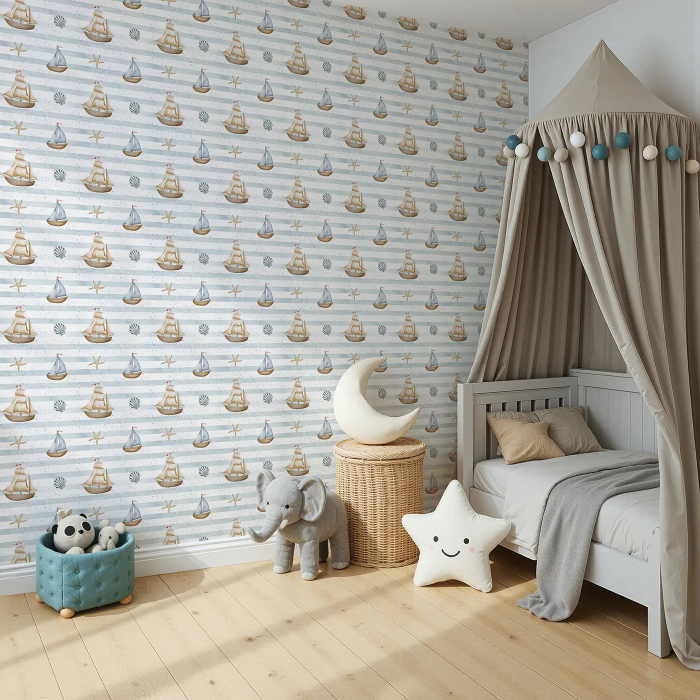Angled view of Whimsy Tots' Vintage Sailboat Stripes Wallpaper (W2311).Where majestic ships sail on a beautiful, painted sea.