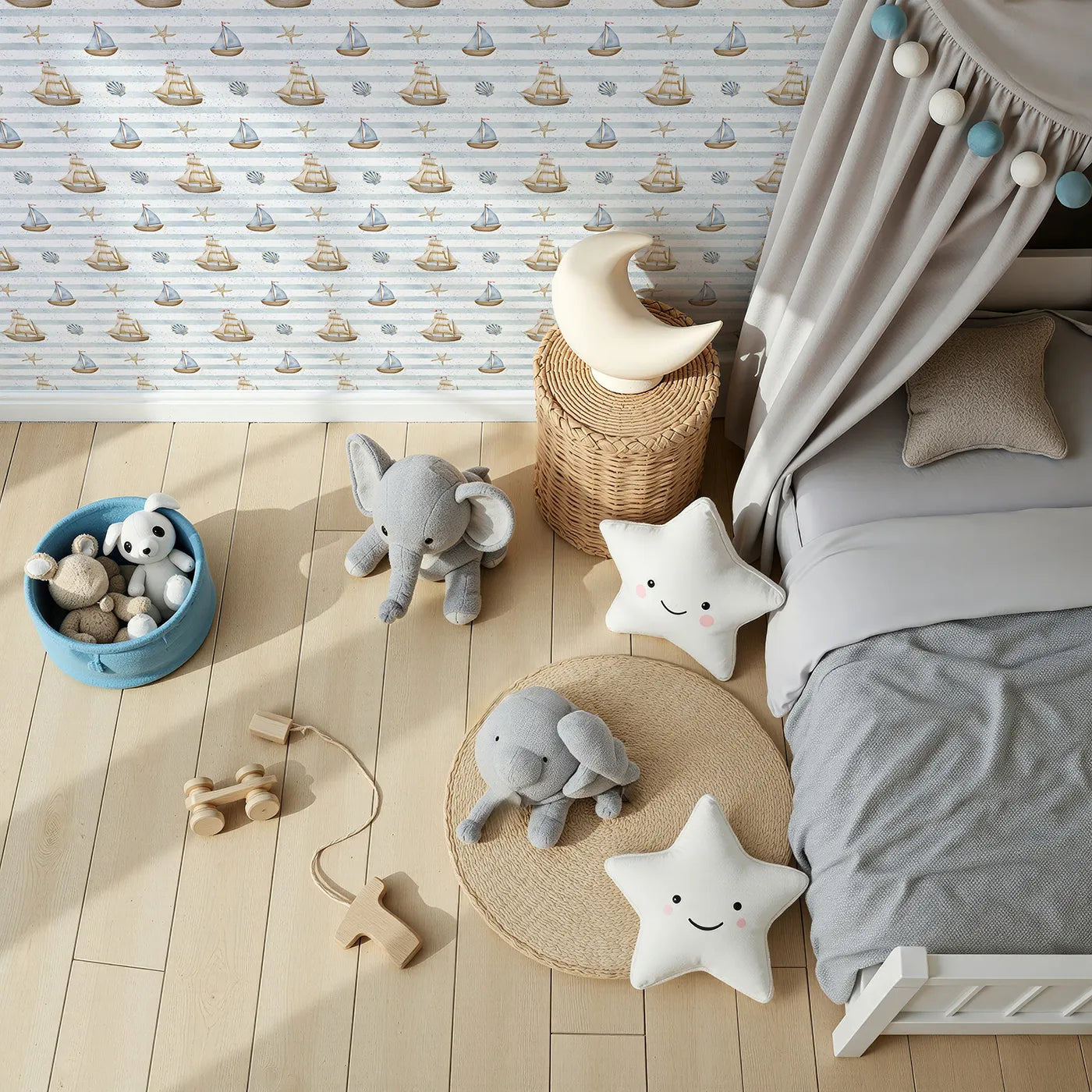 Top-Down view of Whimsy Tots' Vintage Sailboat Stripes Wallpaper (W2311).Where majestic ships sail on a beautiful, painted sea.