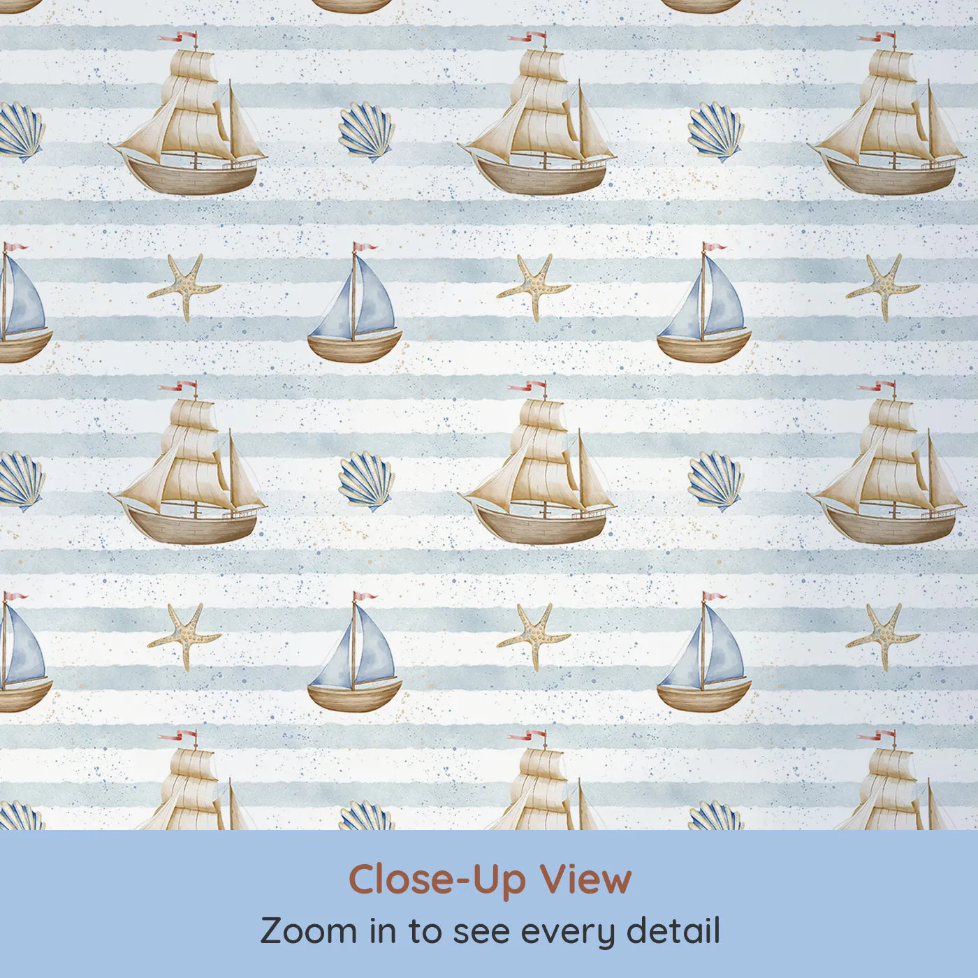 Close-up view of Whimsy Tots' Vintage Sailboat Stripes Wallpaper (W2311).Where majestic ships sail on a beautiful, painted sea.