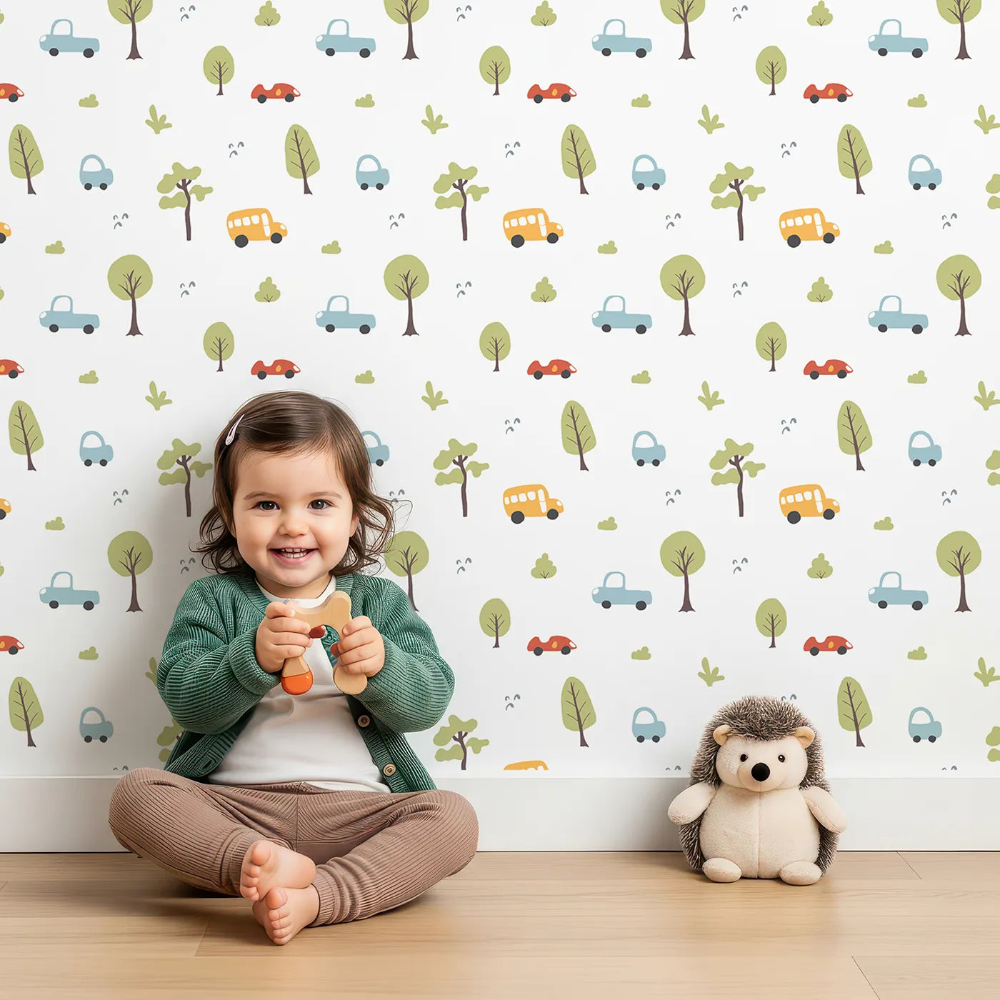 Lovely child standing in front of Whimsy Tots Simple Cartoon Cars Wallpaper with car, bus, tree, cute, minimalist in design.