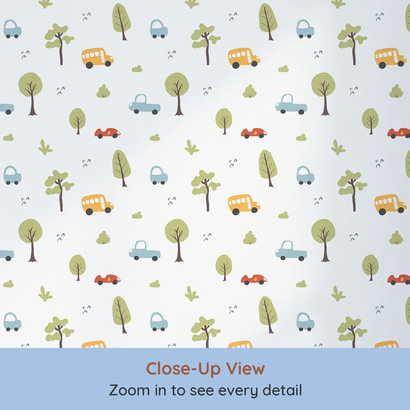 Close-up view of Whimsy Tots' Simple Cartoon Cars Wallpaper (W2312).Where cute cars and buses are on a happy little drive.