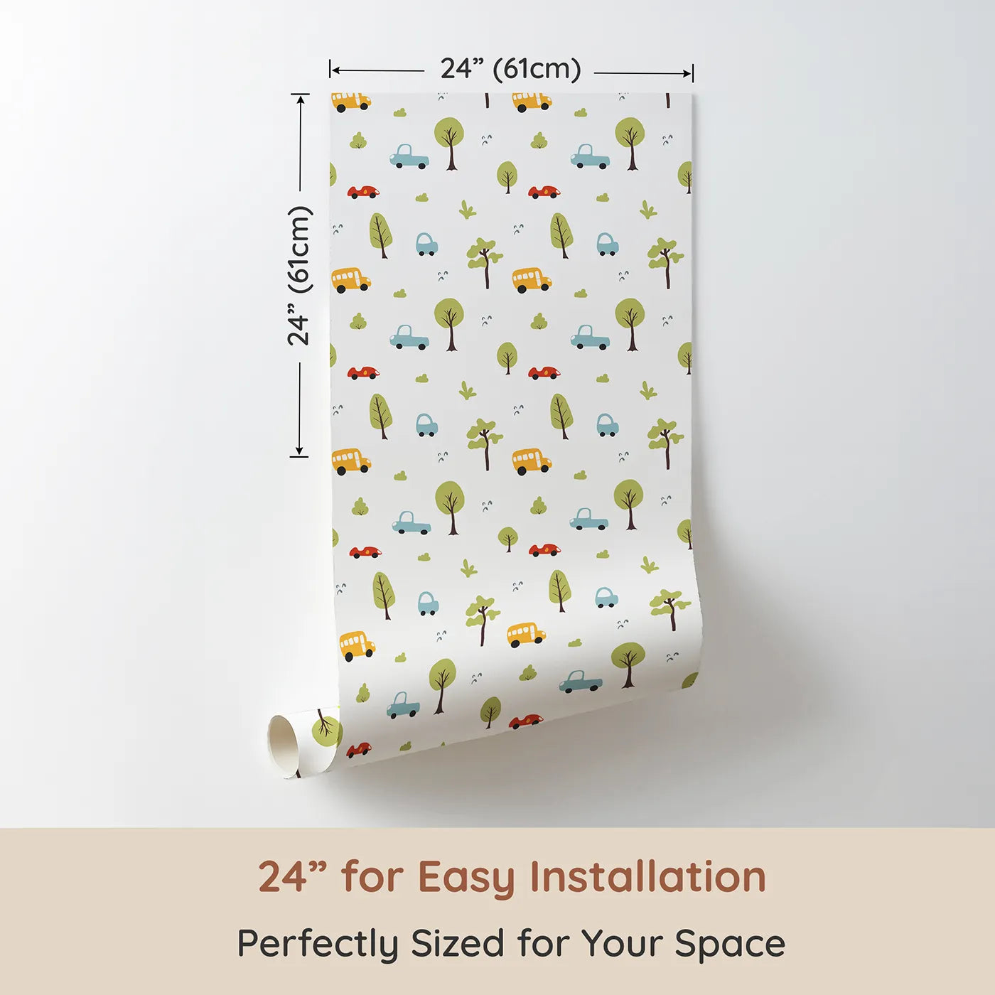 Dimension view of Whimsy Tots Simple Cartoon Cars Wallpaper (W2312). Printed in 24-inch-wide panel for easy installation. Where cute cars and buses are on a happy little drive.