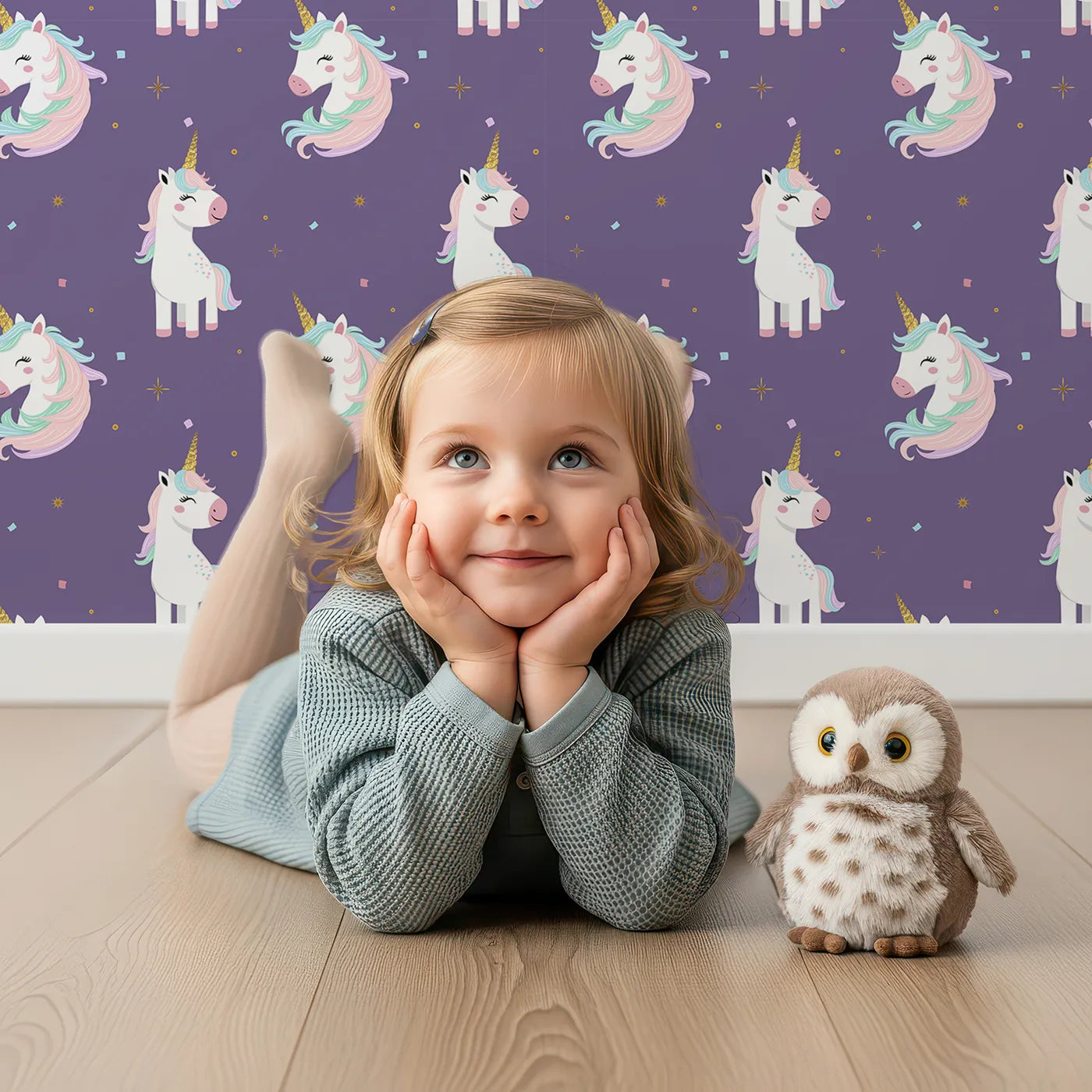 Lovely child standing in front of Whimsy Tots Glitter Unicorn Party Wallpaper in Beige with unicorn, glitter, stripe, rainbow, confetti in design.