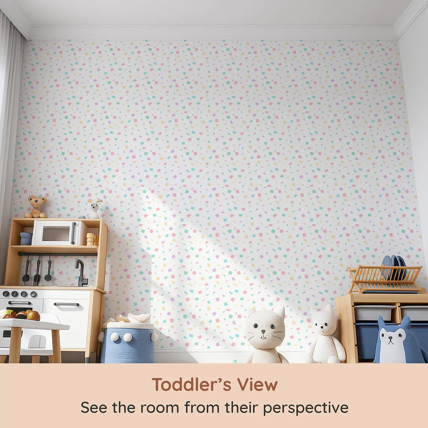 Whimsy Tots Pastel Confetti Celebration Wallpaper (W2316) from your child's view.Where a soft shower of confetti is always in the air.