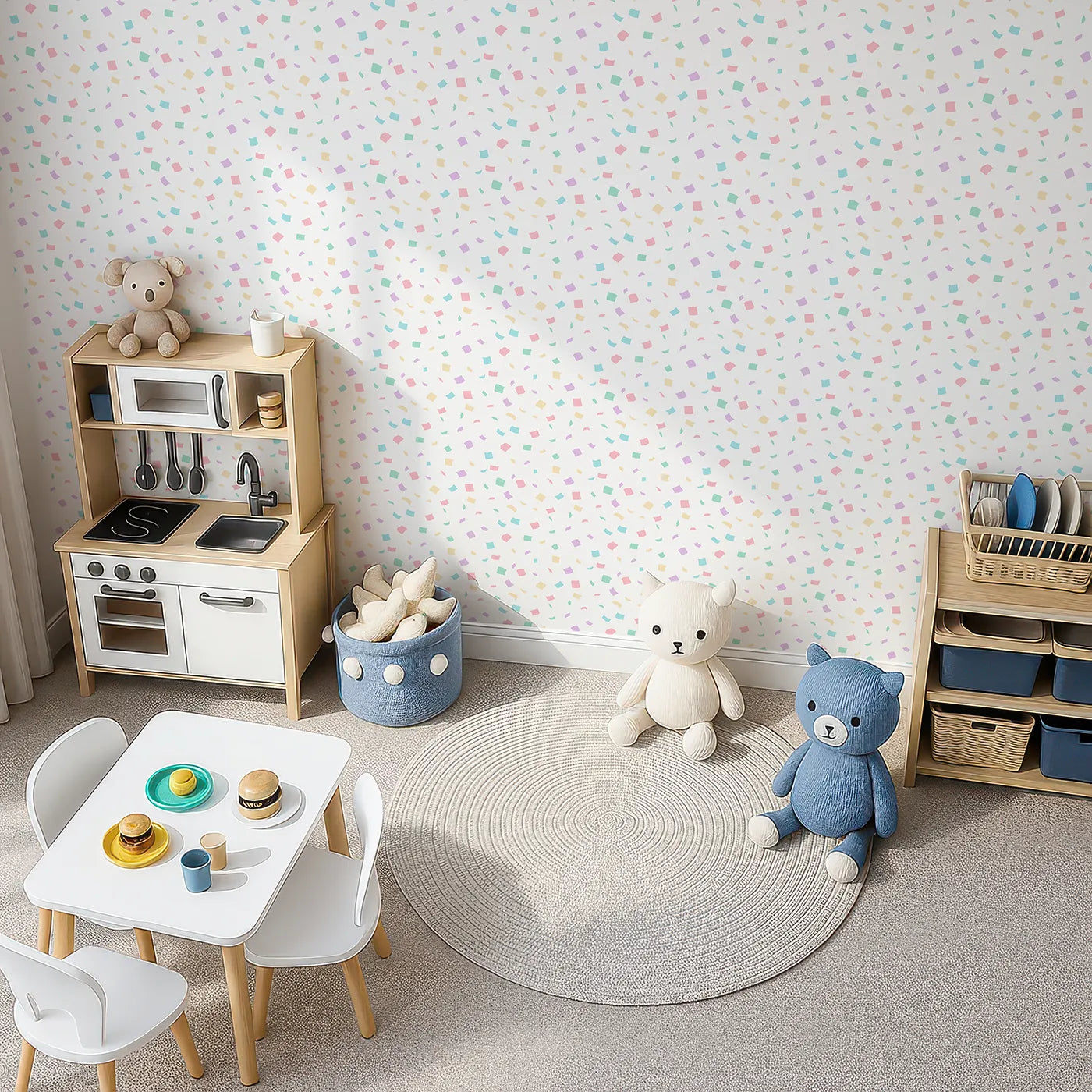 Top-Down view of Whimsy Tots' Pastel Confetti Celebration Wallpaper (W2316).Where a soft shower of confetti is always in the air.