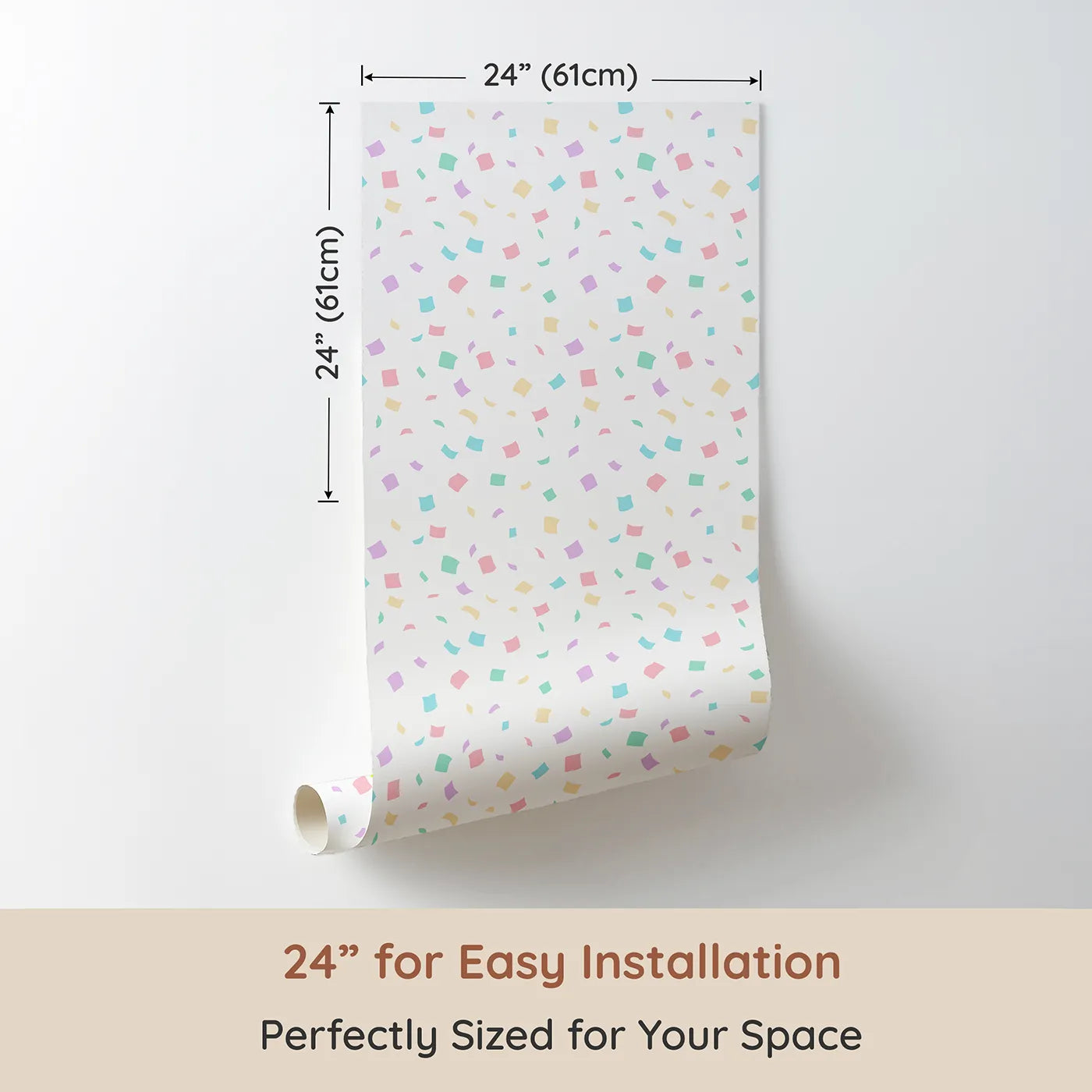 Dimension view of Whimsy Tots Pastel Confetti Celebration Wallpaper (W2316). Printed in 24-inch-wide panel for easy installation. Where a soft shower of confetti is always in the air.