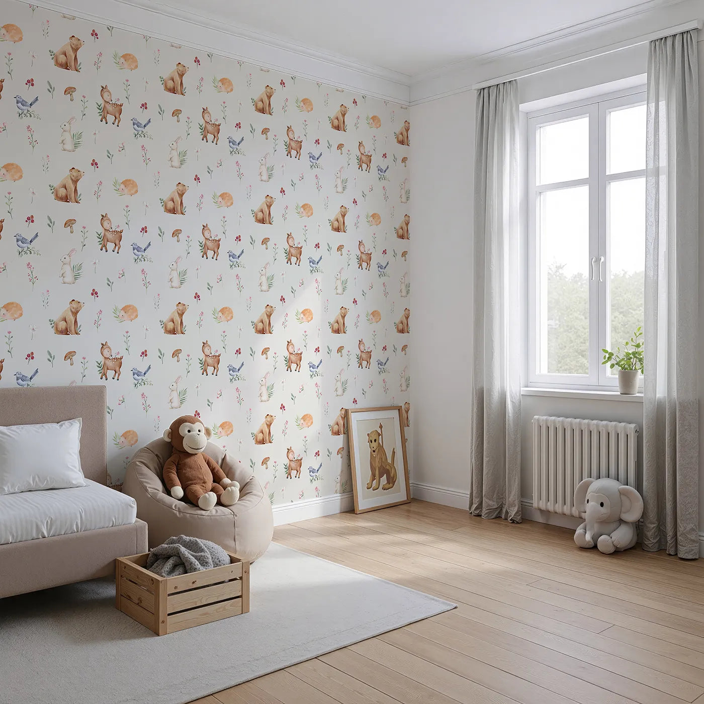 Angled view of Whimsy Tots' Watercolor Woodland Meadow Wallpaper (W2317).Where the sweetest woodland animals gather among the flowers.