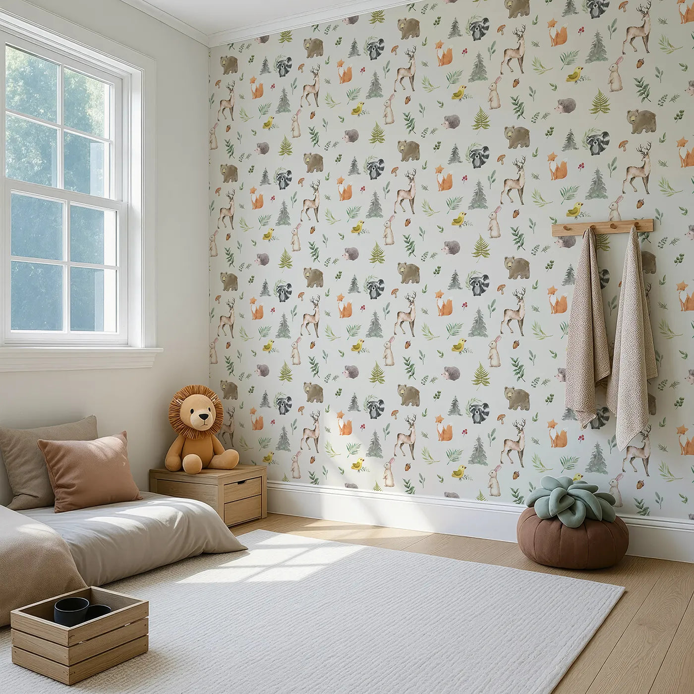 Angled view of Whimsy Tots' Watercolor Forest Friends Wallpaper (W2318).Where a whole crew of forest friends is waiting for an adventure.