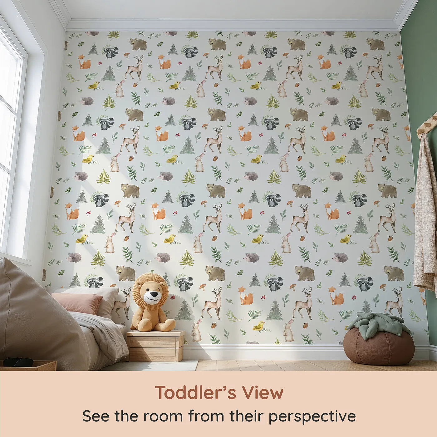 Whimsy Tots Watercolor Forest Friends Wallpaper (W2318) from your child's view.Where a whole crew of forest friends is waiting for an adventure.