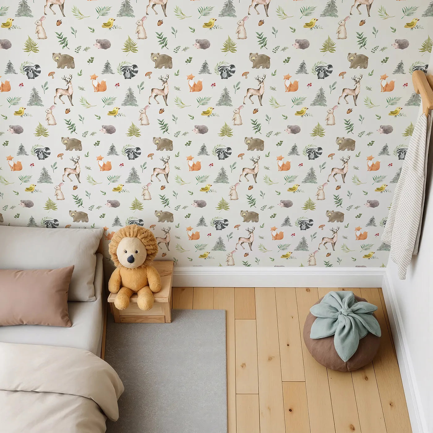 Top-Down view of Whimsy Tots' Watercolor Forest Friends Wallpaper (W2318).Where a whole crew of forest friends is waiting for an adventure.