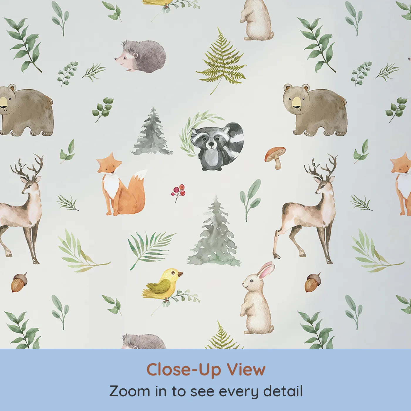 Close-up view of Whimsy Tots' Watercolor Forest Friends Wallpaper (W2318).Where a whole crew of forest friends is waiting for an adventure.