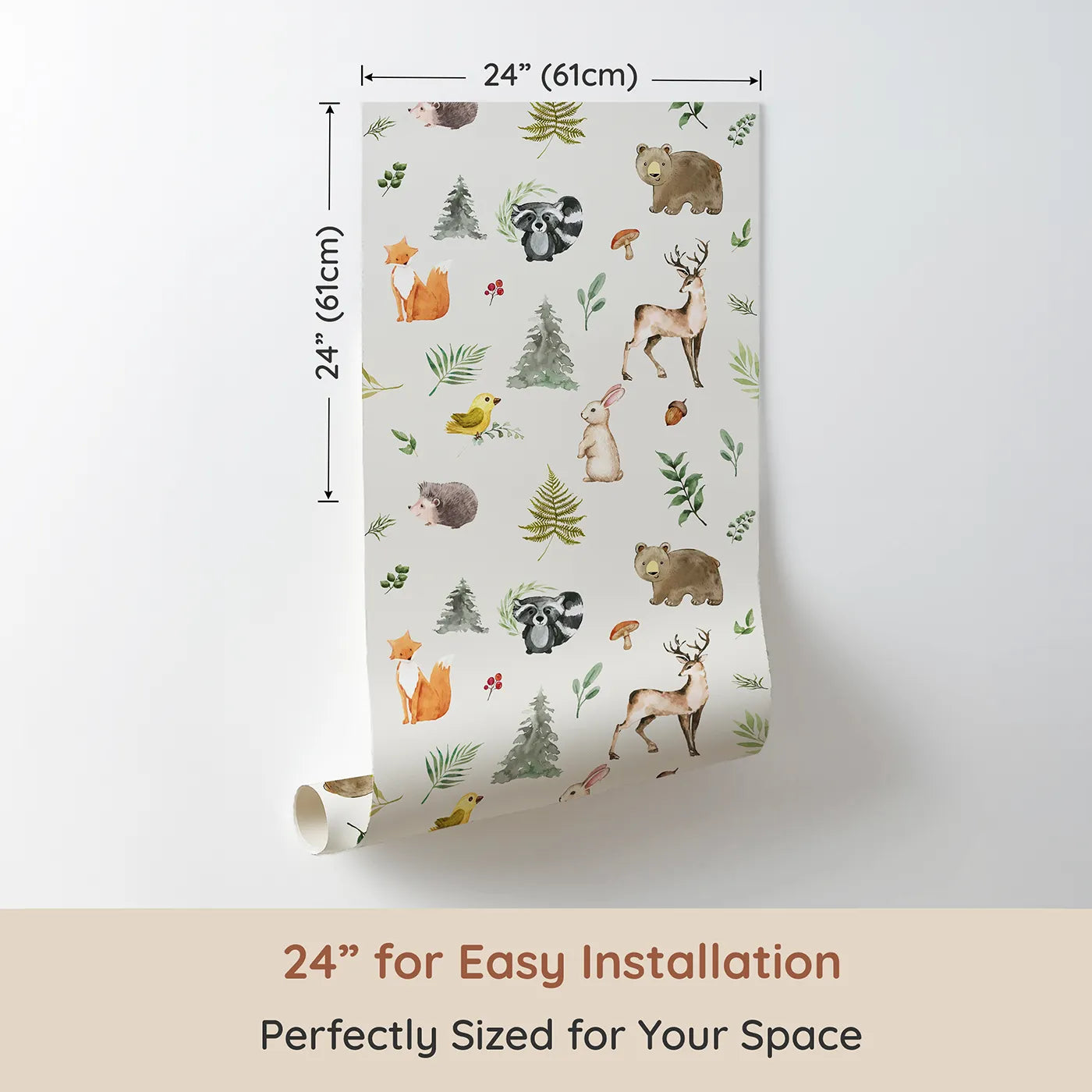 Dimension view of Whimsy Tots Watercolor Forest Friends Wallpaper (W2318). Printed in 24-inch-wide panel for easy installation. Where a whole crew of forest friends is waiting for an adventure.