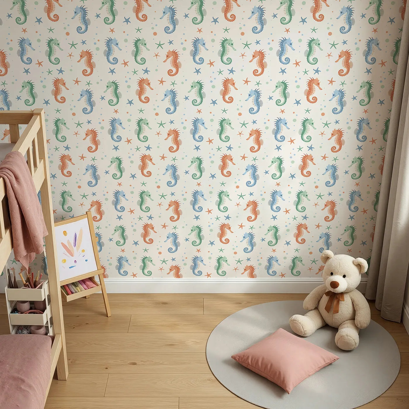 Top-Down view of Whimsy Tots' Colorful Seahorse Family Wallpaper (W2319).Where a whole family of colorful seahorses is ready to play.