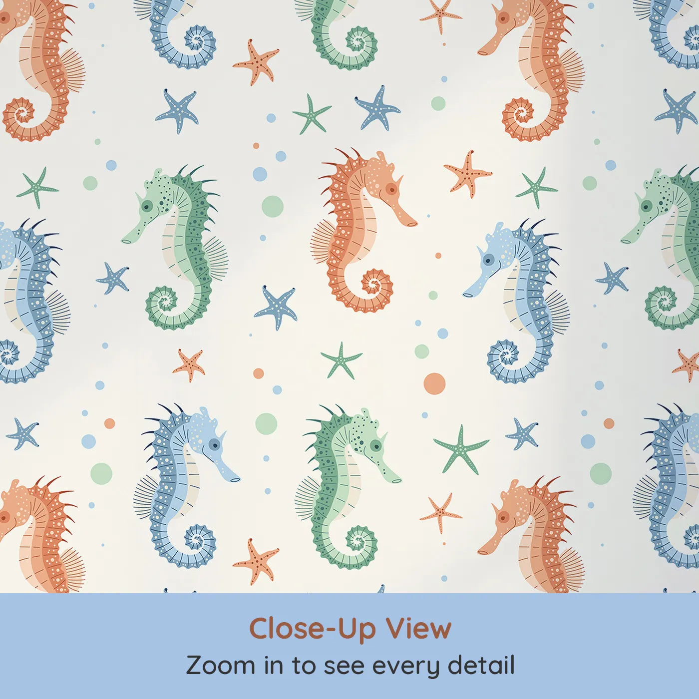 Close-up view of Whimsy Tots' Colorful Seahorse Family Wallpaper (W2319).Where a whole family of colorful seahorses is ready to play.