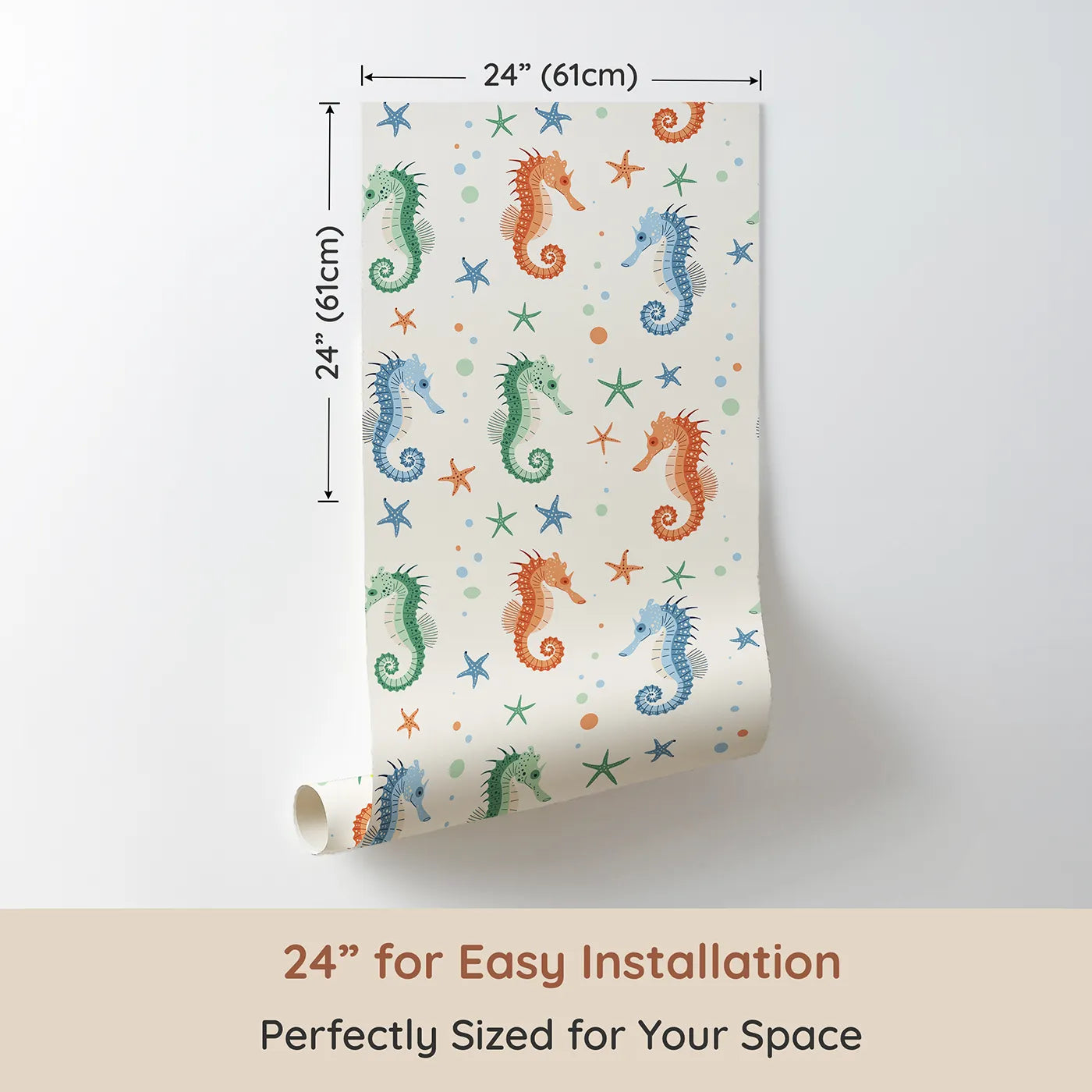 Dimension view of Whimsy Tots Colorful Seahorse Family Wallpaper (W2319). Printed in 24-inch-wide panel for easy installation. Where a whole family of colorful seahorses is ready to play.