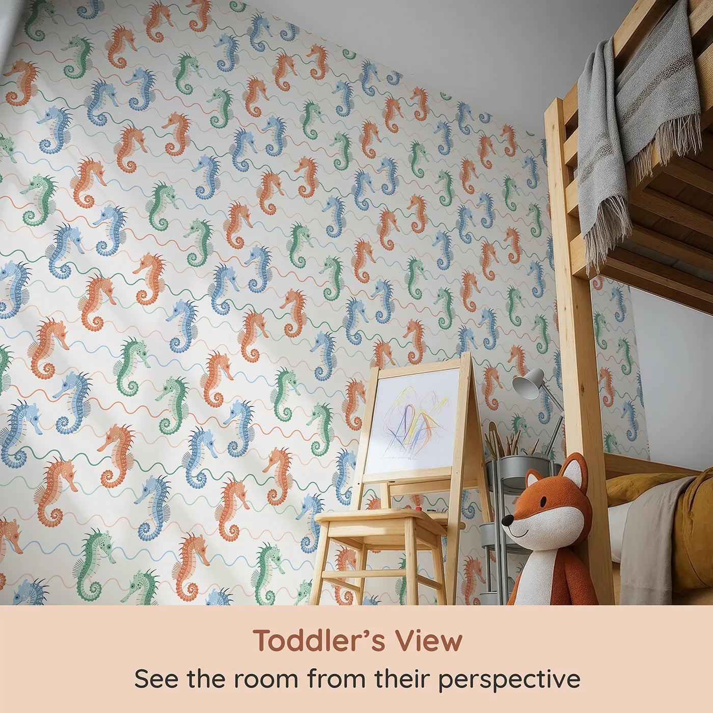 Whimsy Tots Wavy Seahorse Friends Wallpaper (W2320) from your child's view.Where colorful seahorses ride the gentle, rolling waves.