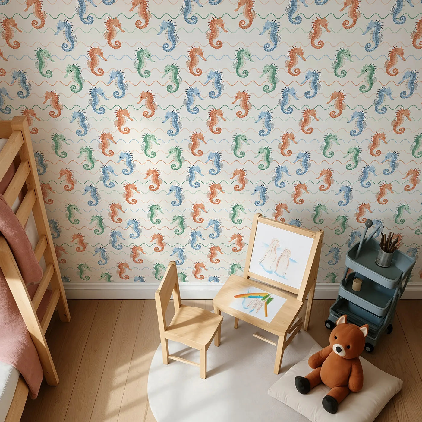 Top-Down view of Whimsy Tots' Wavy Seahorse Friends Wallpaper (W2320).Where colorful seahorses ride the gentle, rolling waves.