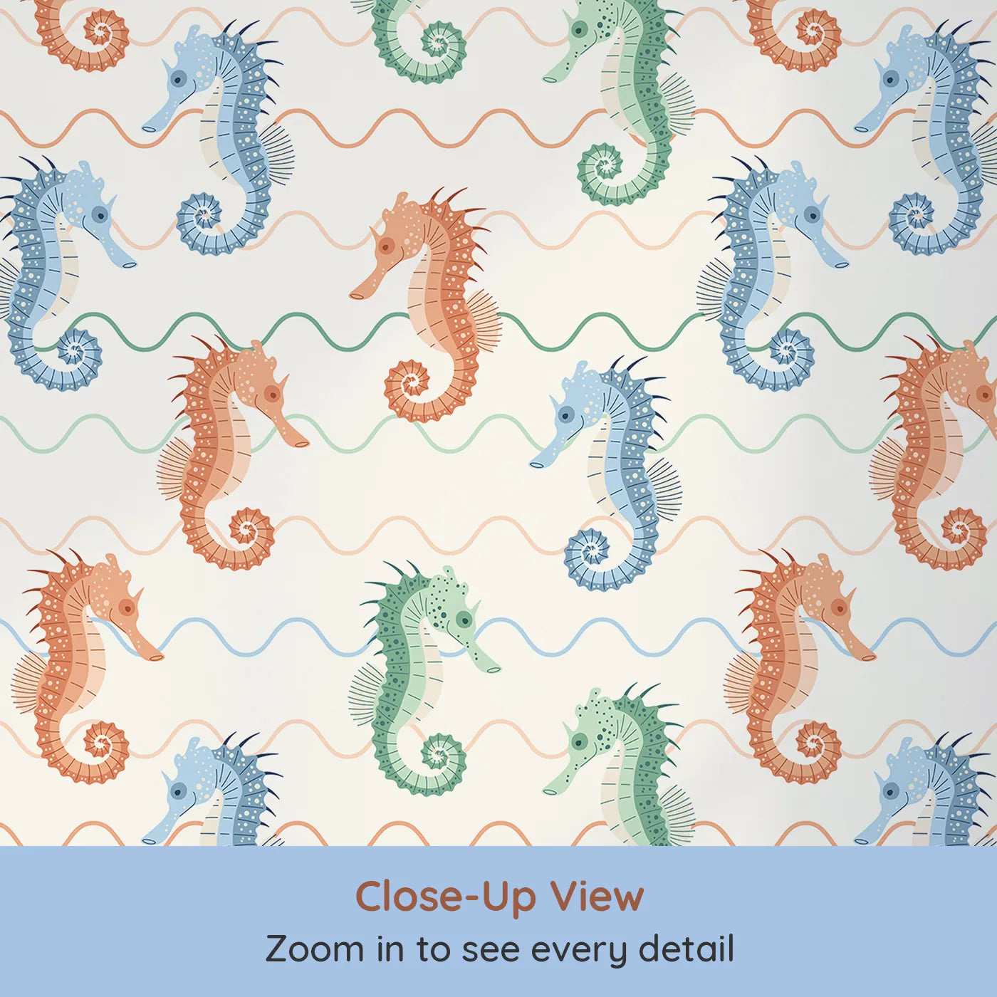 Close-up view of Whimsy Tots' Wavy Seahorse Friends Wallpaper (W2320).Where colorful seahorses ride the gentle, rolling waves.