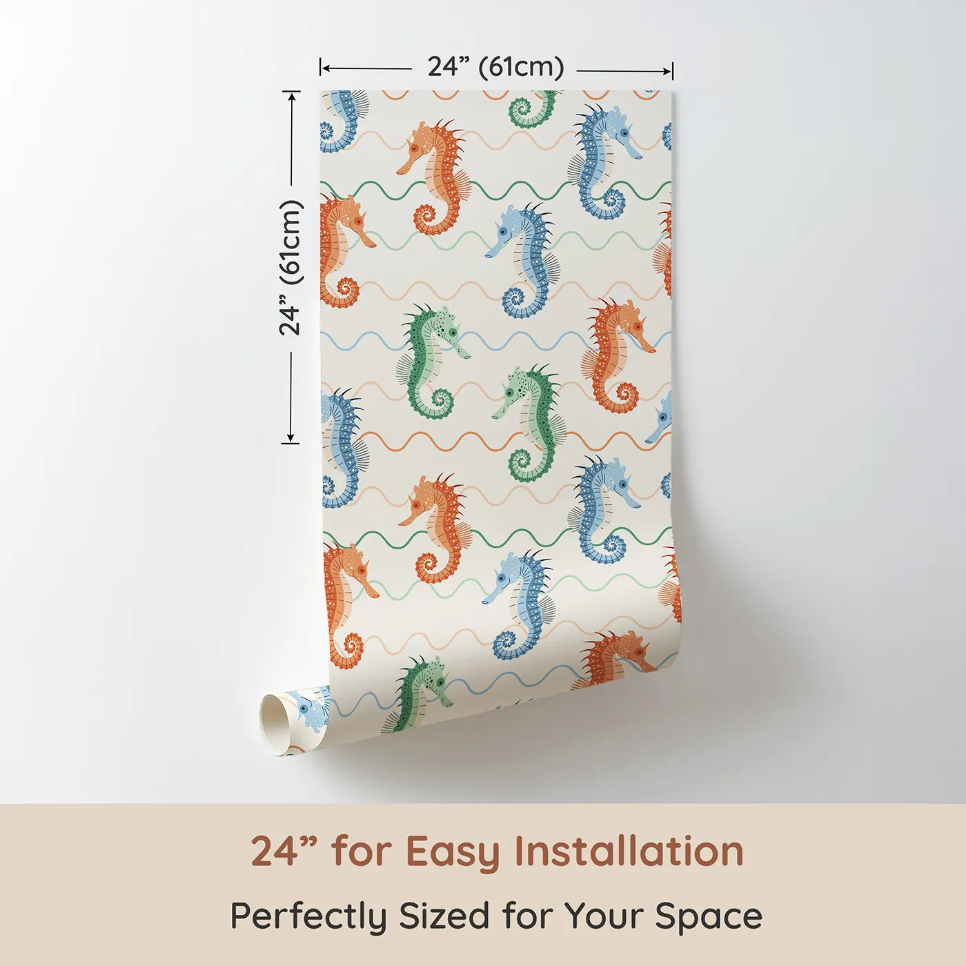 Dimension view of Whimsy Tots Wavy Seahorse Friends Wallpaper (W2320). Printed in 24-inch-wide panel for easy installation. Where colorful seahorses ride the gentle, rolling waves.