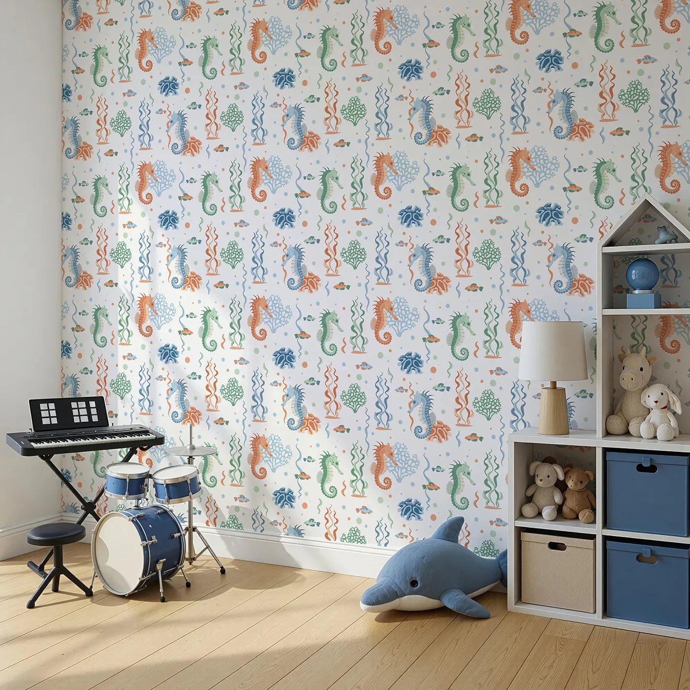 Angled view of Whimsy Tots' Seahorse Coral Garden Wallpaper (W2321).Where colorful seahorses play hide-and-seek among the seaweed.