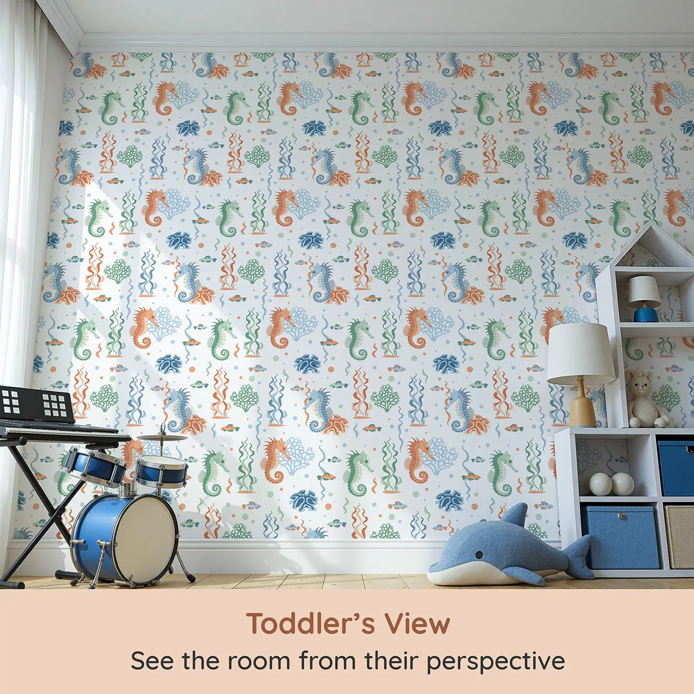 Whimsy Tots Seahorse Coral Garden Wallpaper (W2321) from your child's view.Where colorful seahorses play hide-and-seek among the seaweed.