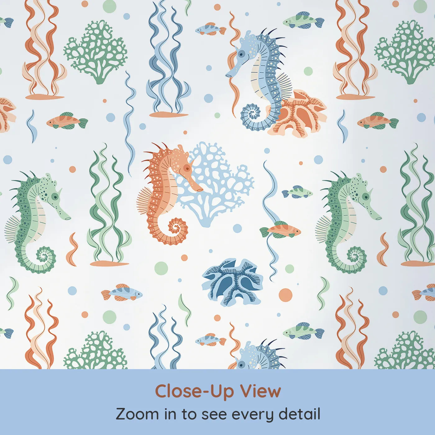 Close-up view of Whimsy Tots' Seahorse Coral Garden Wallpaper (W2321).Where colorful seahorses play hide-and-seek among the seaweed.