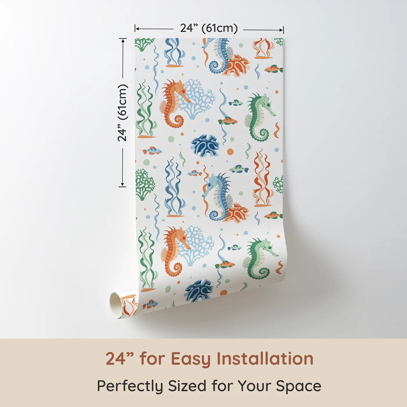 Dimension view of Whimsy Tots Seahorse Coral Garden Wallpaper (W2321). Printed in 24-inch-wide panel for easy installation. Where colorful seahorses play hide-and-seek among the seaweed.