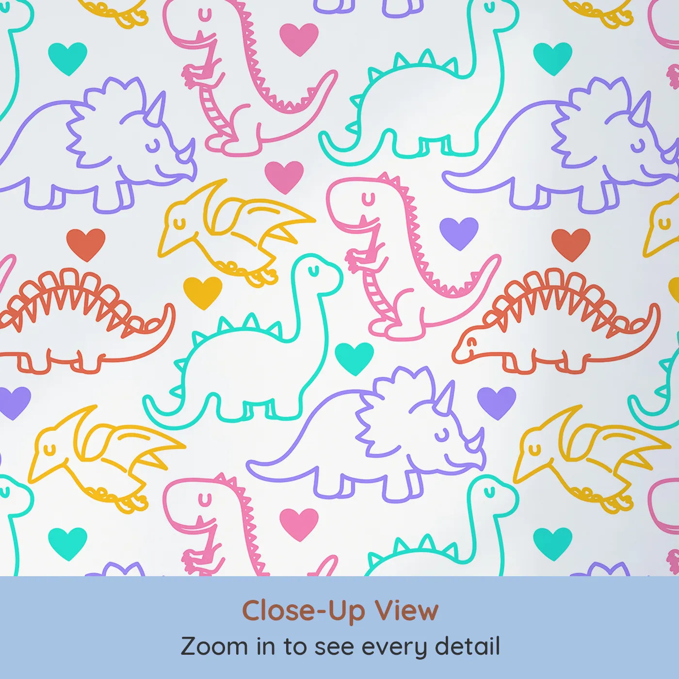 Close-up view of Whimsy Tots' Neon Dino Love Wallpaper (W2322).Where colorful dinosaurs are filled with love and playful energy.